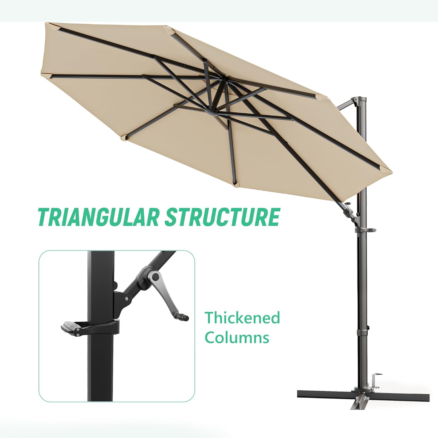 Greesum 10FT Outdoor Patio Umbrella with High Pedel and 4 Gear Heights, Large Offset Market Umbrella with 360-degree Rotation, Without Base, Hanging Outdoor Shade for Garden, Lawn, Pool, Beige - Image 7