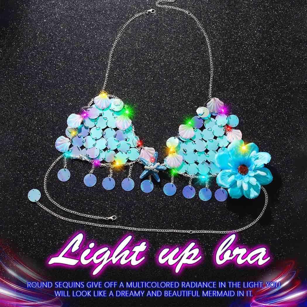 Zoestar Light Up Sequin Chain Bra Blue Sparkly Starfish Bikini Top Glowing Flower Bra Tops for Women