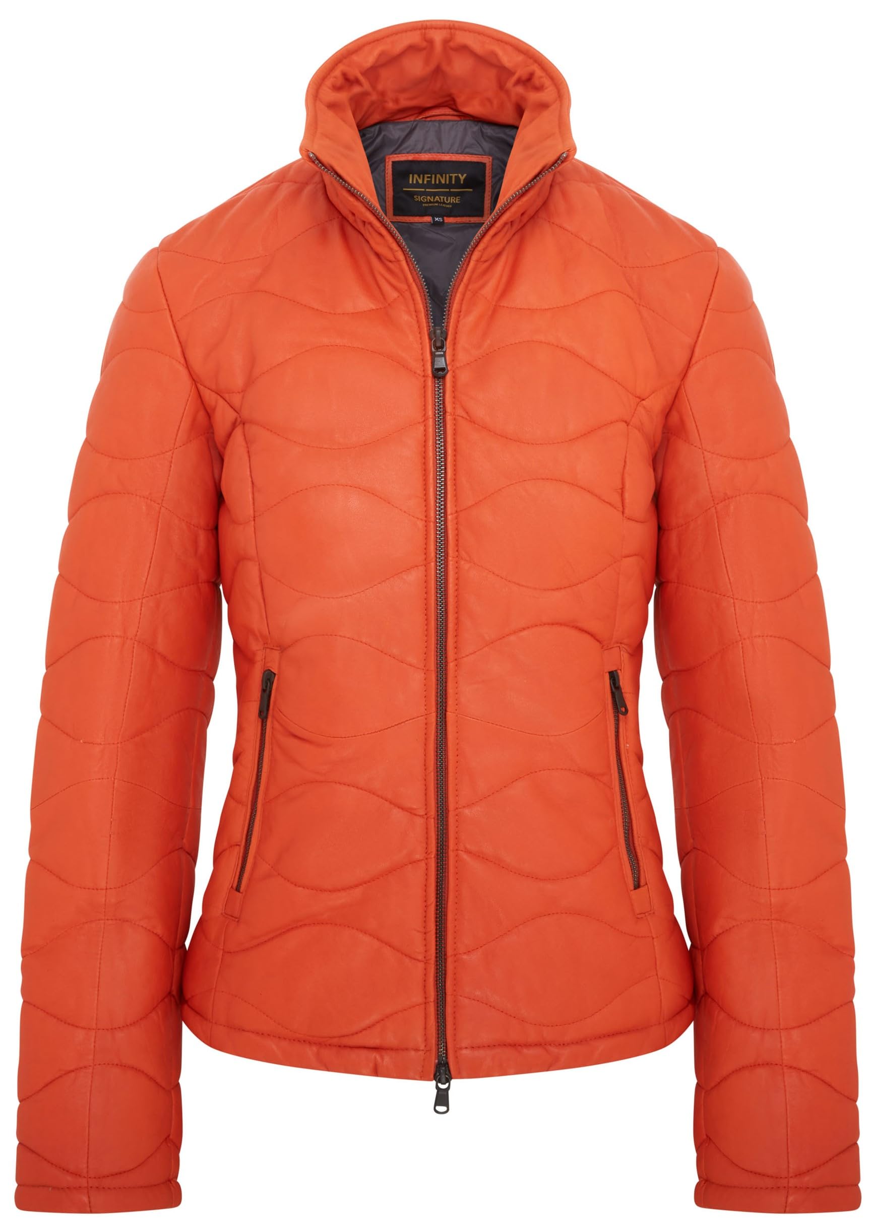 Infinity Leather Women's Orange Puffer Quilted Bomber Leather Jacket - Hamar In 5XL