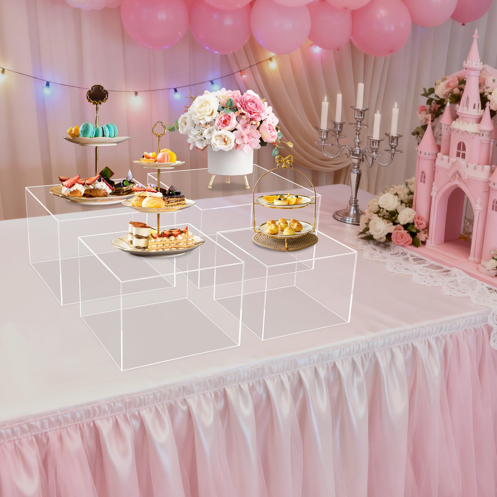 LianCTCO Acrylic Cake Stands Set of 4 for Cakes & Desserts – Clear, 8-12in, Rectangular, Smooth Edges – for Wedding, Birthday, Bakery, Coffee Shop – Display & Serving