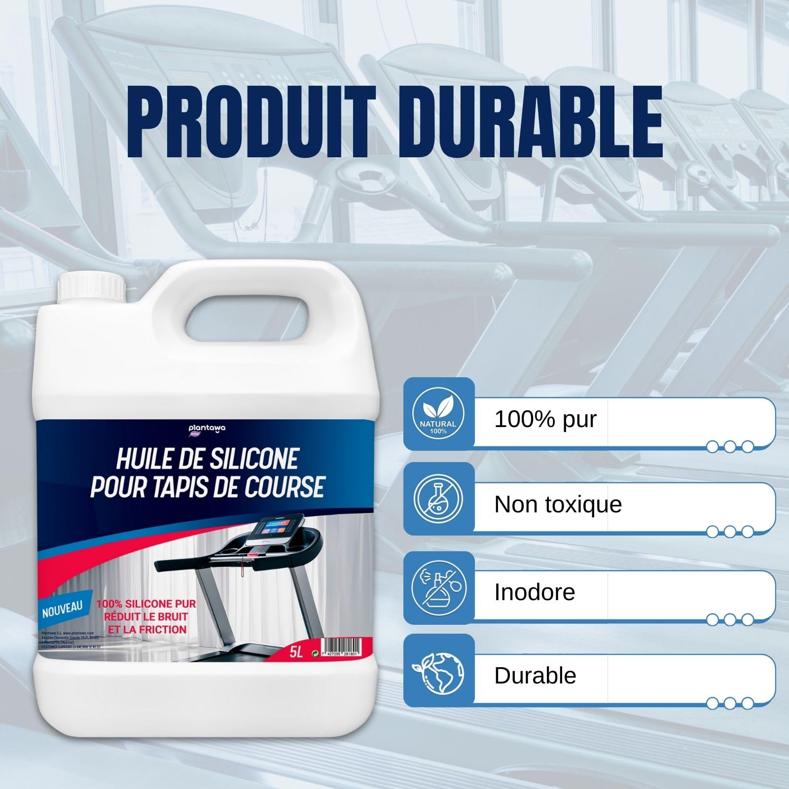 Plantawa Huile de Silicone pour Tapis de Marche 5L | Réduit le bruit et la friction et Maximise la performance. 100% Pure Lubrifiant Silicone. Préserve la durabilité du tapis de course.