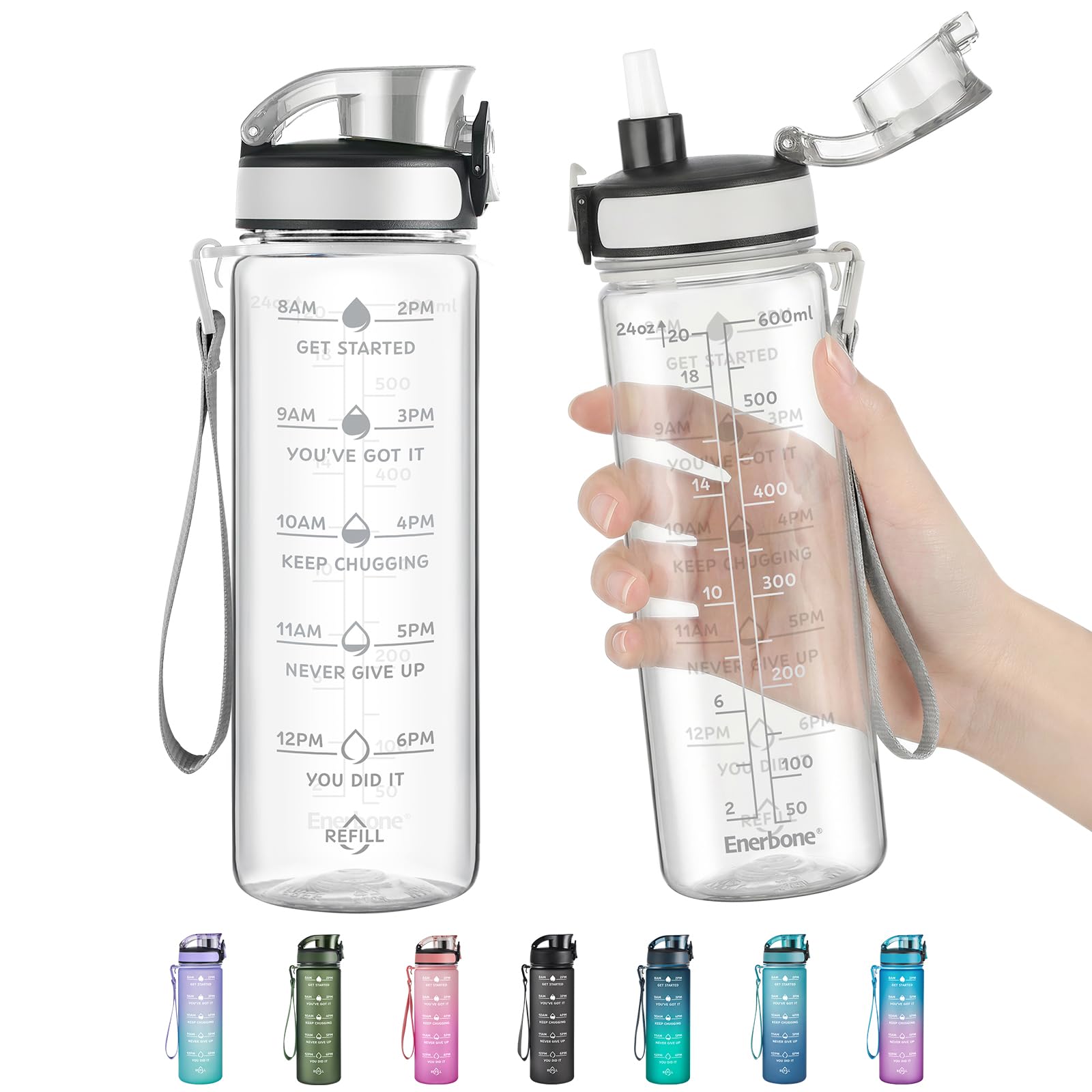 Enerbone Water Bottle, Leakproof BPA & Toxic Free, Motivational Water Bottle with Times to Drink and Straw, Fitness Sports Water Bottle with Strap for
