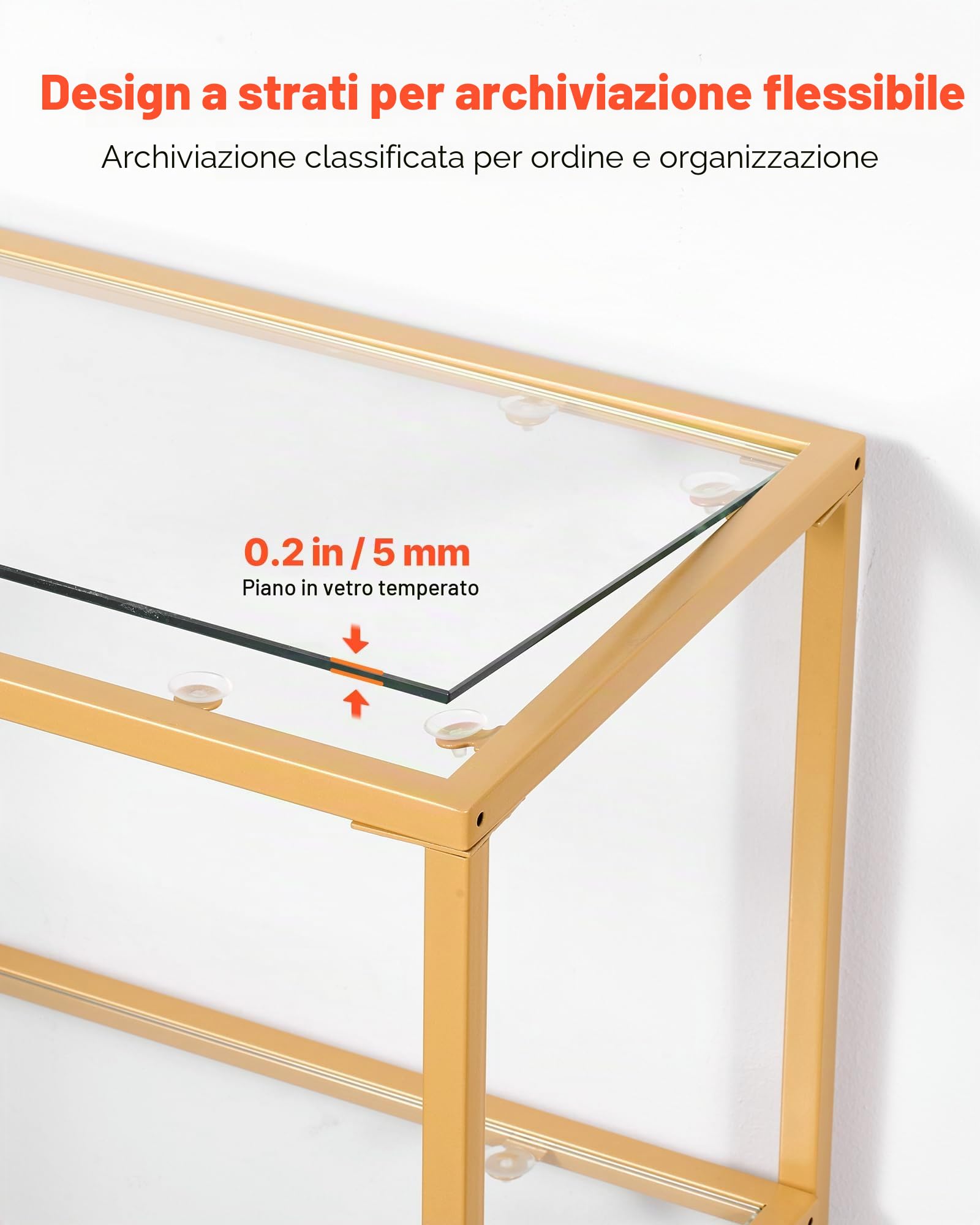 VEVOR Tavolo Consolle in Vetro a 3 Livelli 100 x 30 x 72,9 cm Moderno Tavolino Rettangolare con Piano in Vetro Temperato e Gambe in Ferro, Dispositivo Antiribaltamento per Soggiorno, Ingresso, Dorato