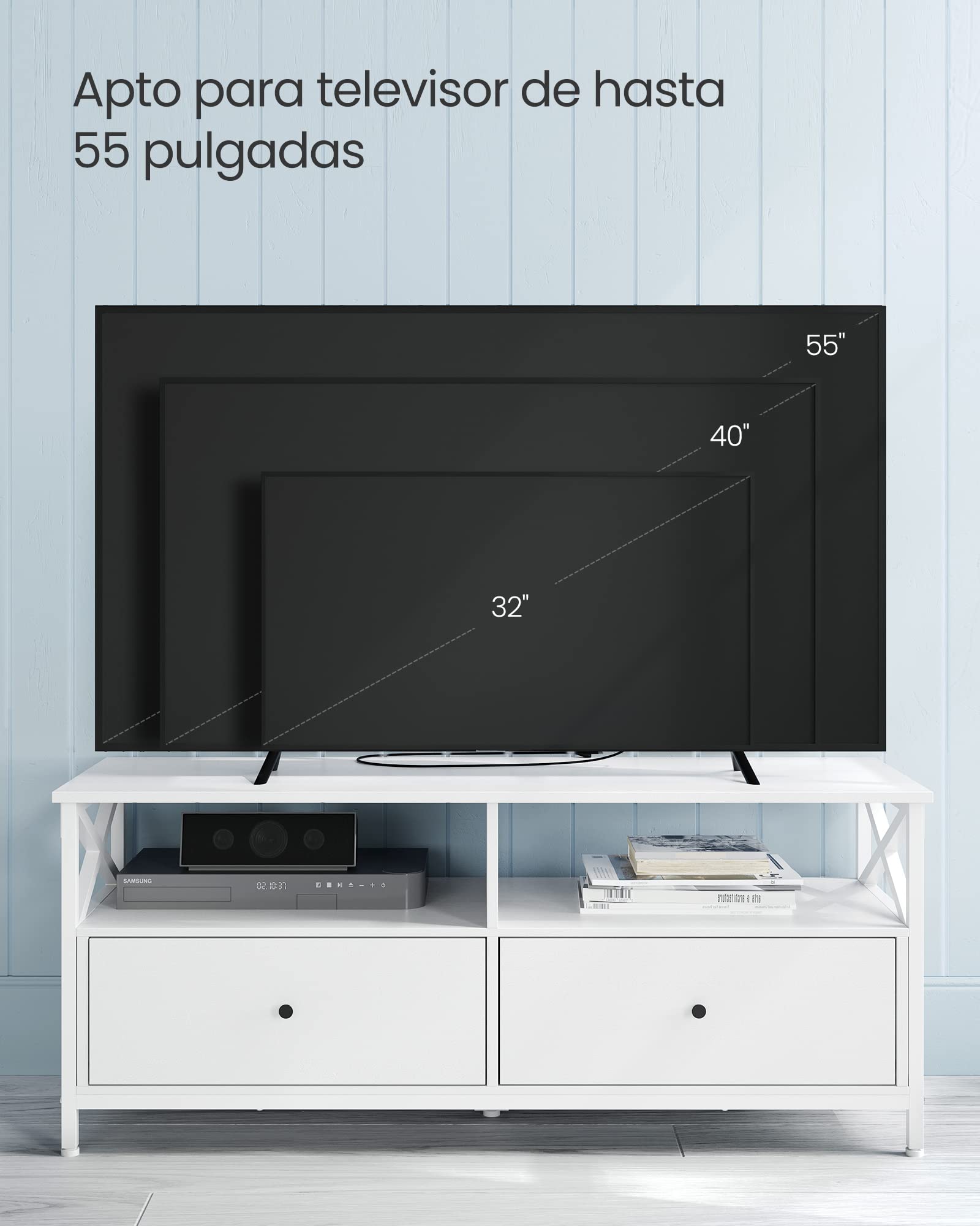 VASAGLE Mueble de TV, Mesa de TV de hasta 55 Pulgadas, con 2 Cajones y 2 Compartimentos Abiertos, 120 x 40 x 50 cm, para Salón, Dormitorio, Marco de Acero, Blanco LTV300B46