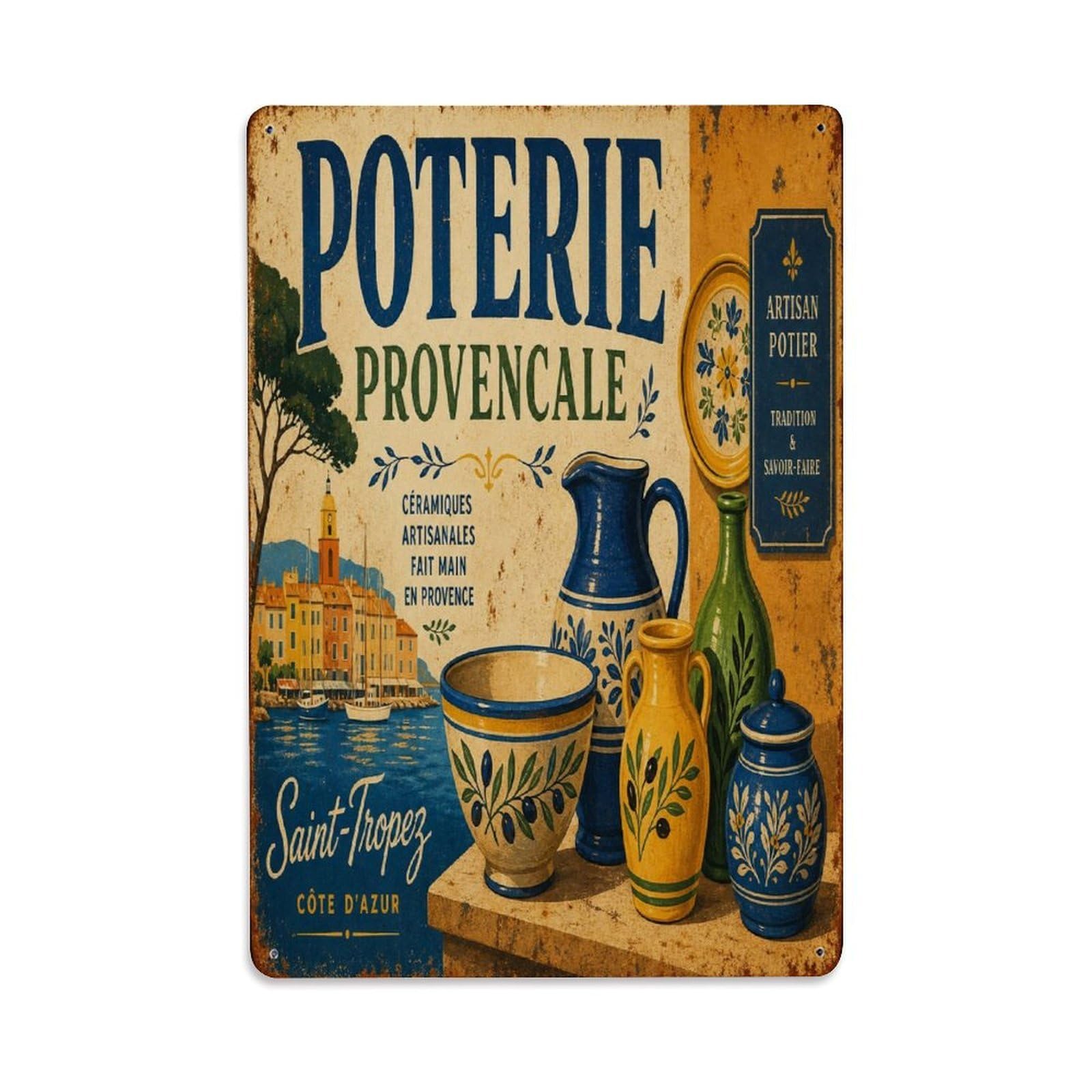 Classic French Village Travel Old Town Provence Metal Tin Sign Plaque Wall Decor for Cafe, Man Cave, Club Bar, Office, Home Garden Round Metal Poster 8x12Inch