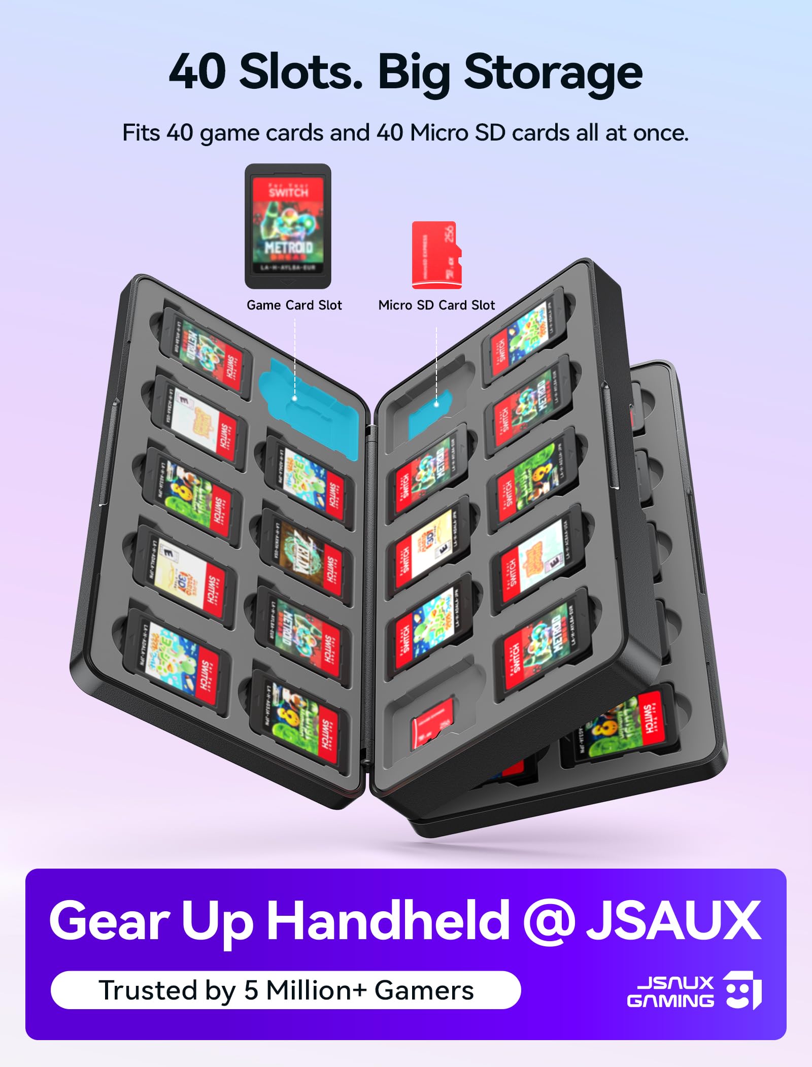 JSAUX Custodia per Schede di Gioco Compatibile con Nintendo Switch 2 (2025), Switch OLED e Lite, Scatola Rigida con 40 Slot per Cartucce e Schede Micro SD, Game Card Case, Accessori per Switch – Nero