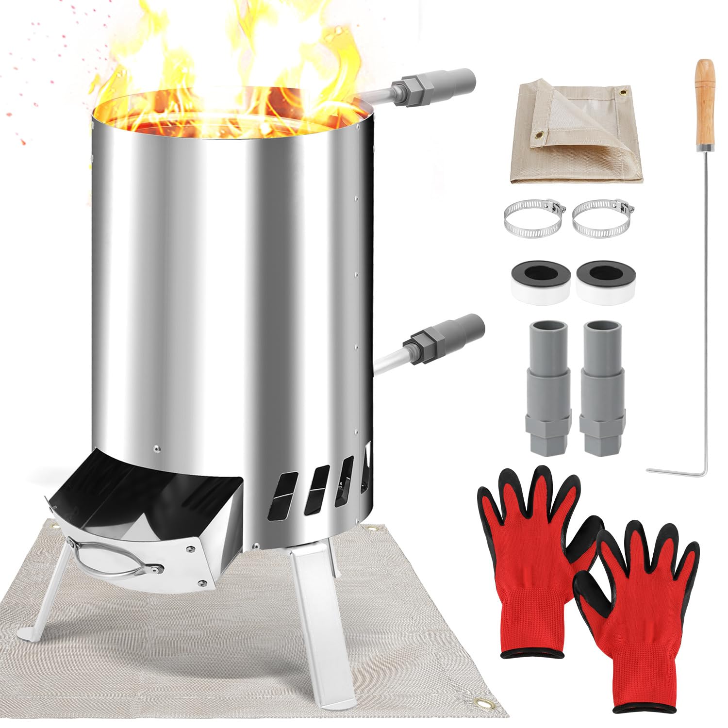 Brennholz Poolheizung, Poolheizung mit Feuer,Edelstahl Poolheizung Feuertonne für Schwimmbäder,Poolofen mit 32-38mm Anschlüsse,Pool Heizungen Feuerfeste Matte und Tablett,Outdoor