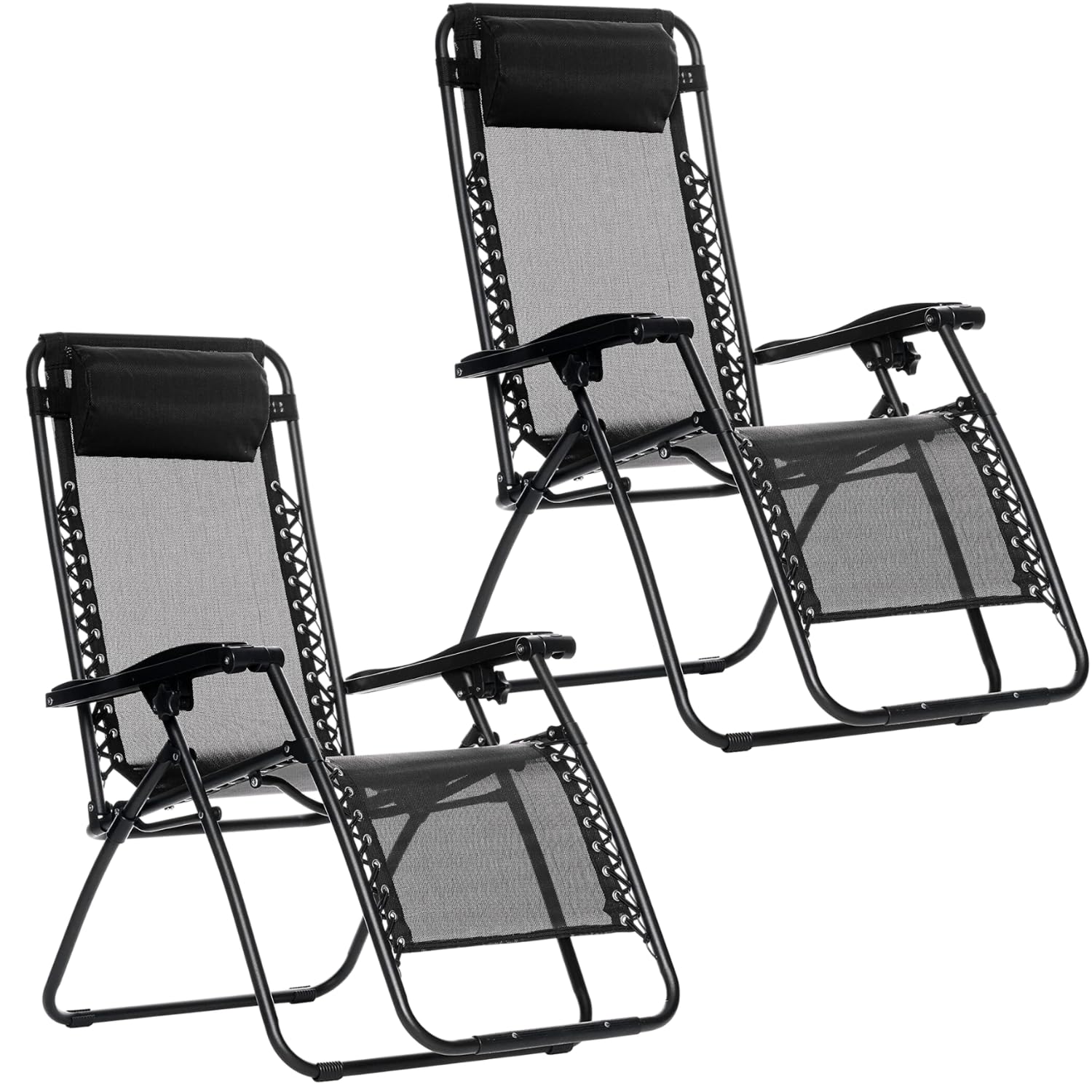 KROWN - 2 Tumbonas Plegables de Exterior para Jardín, Playa, Piscina y Terraza - Sillas Gravedad Zero, Inclinables, de Acero Inox Ligero, Tejido Oxford con Reposacabezas (Negro, Pack 2)