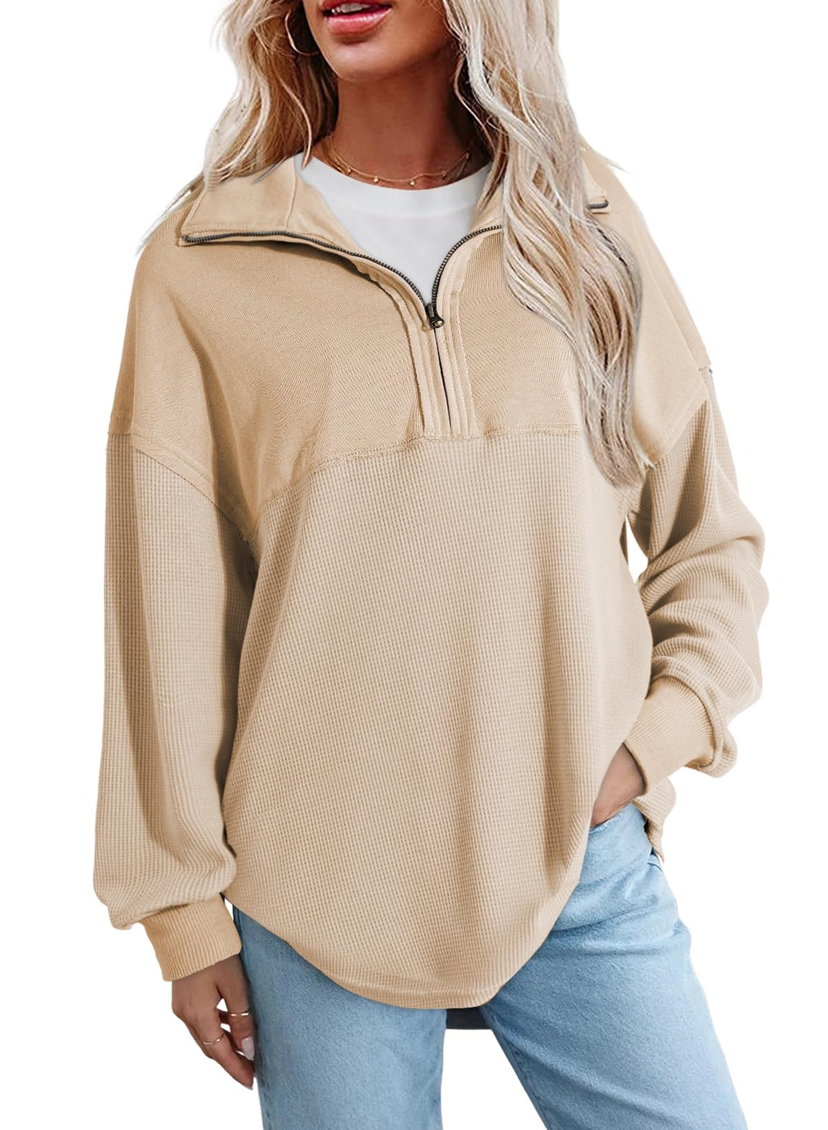 SHEWIN Womens Fall Sweatshirt Casual Waffle Knit Half Zip Pullover Loose Long Sleeve Tops