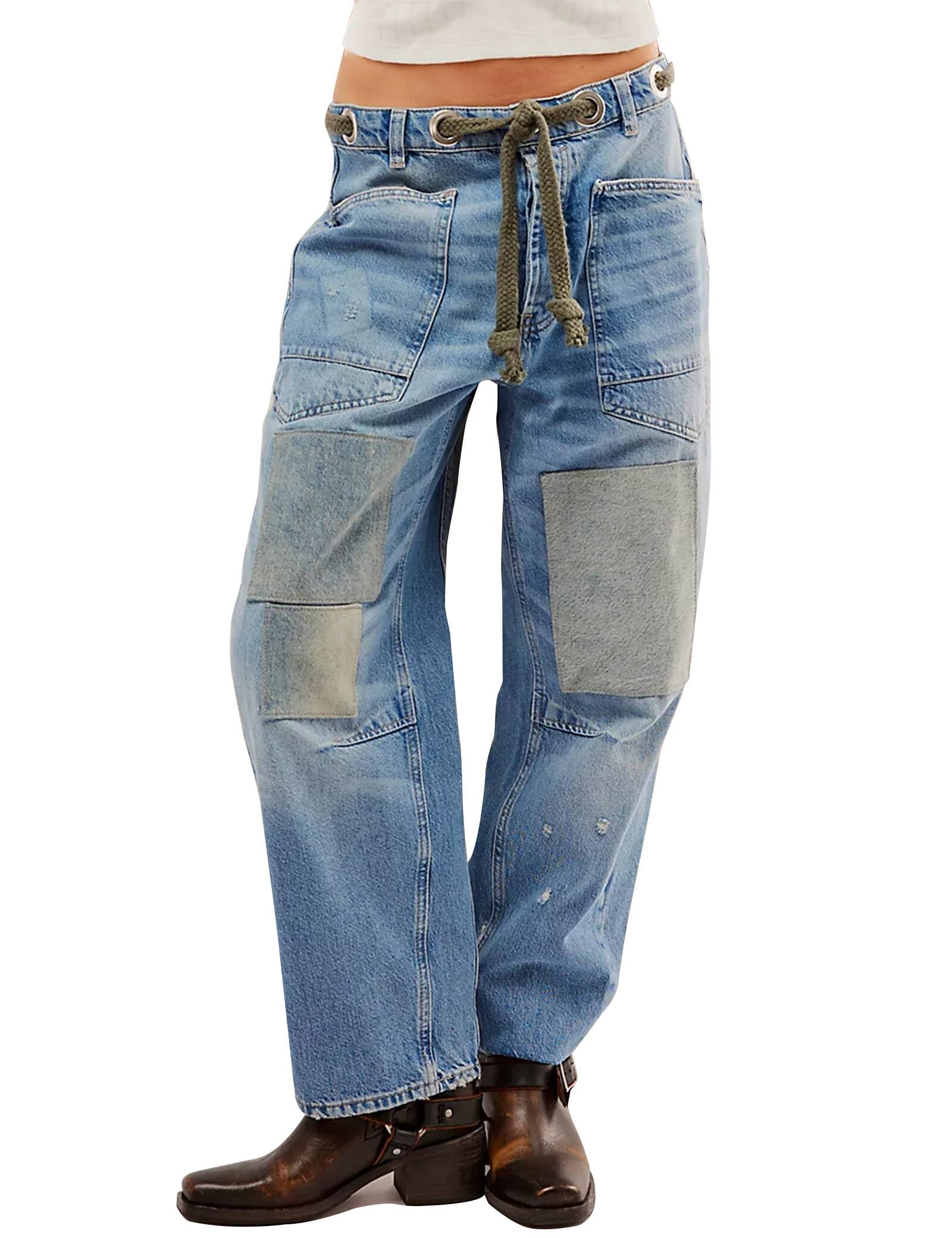 Barrel Jeans Women Trendy Low Rise Drawstring Baggy Jeans Vintage Pant Casual Wide Leg Horseshoe Demin with Pockets