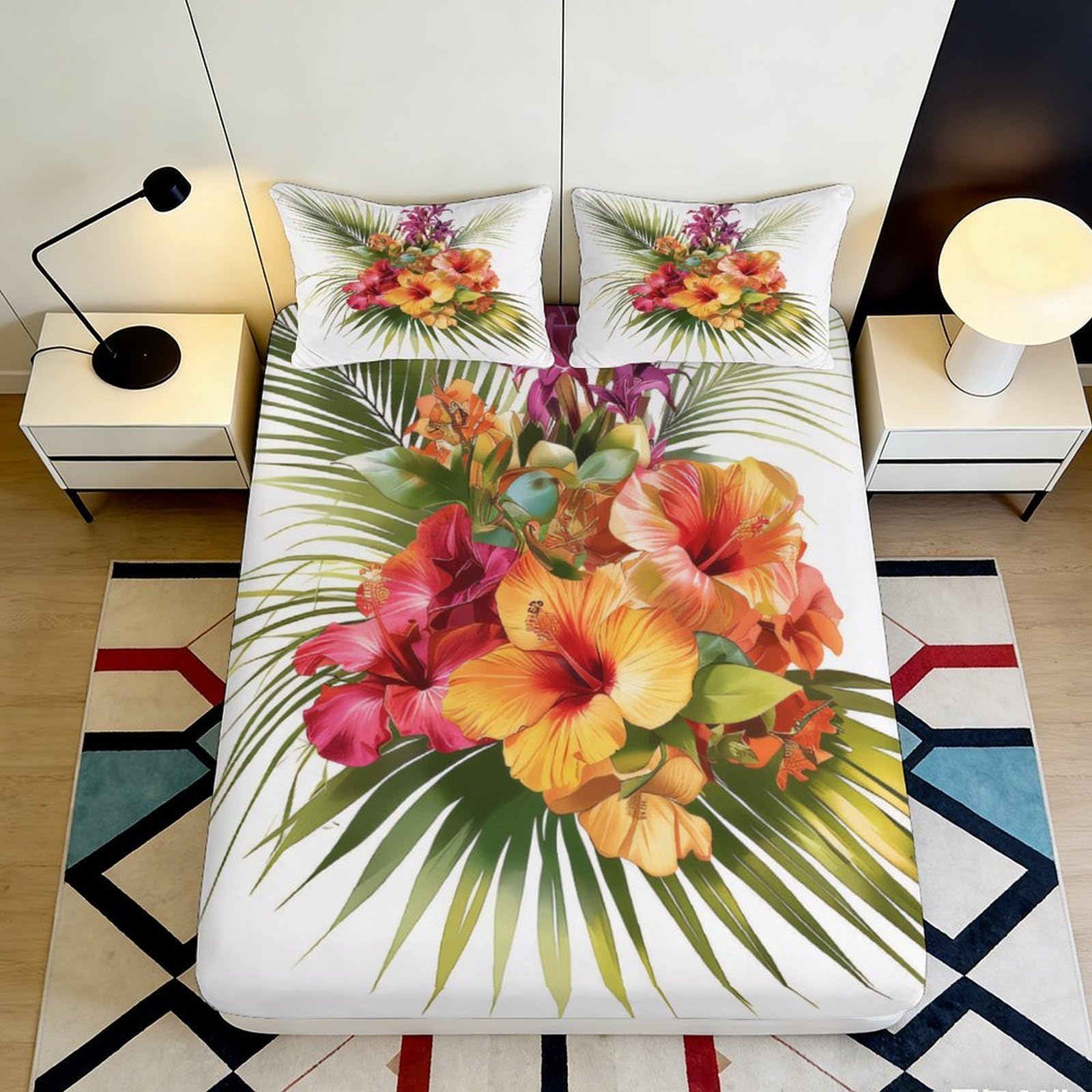 3D Printed Tropical Hibiscus Fitted Sheet Microfiber Soft Breathable Palm Leaf Mattress Cover for Bedroom Guest Room Decor 90x200x25cm
