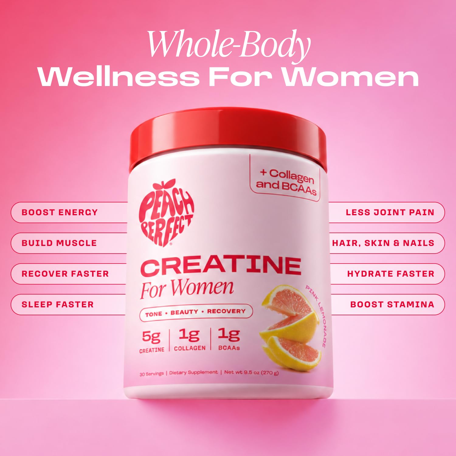 Peach Perfect Creatine for Women – Micronized Creatine Monohydrate Powder with BCAA & Collagen for Glute Strength Support, Boosts Energy, Focus, Strength, and Endurance – Pink Lemonade, 30 Servings — Amazon image 2