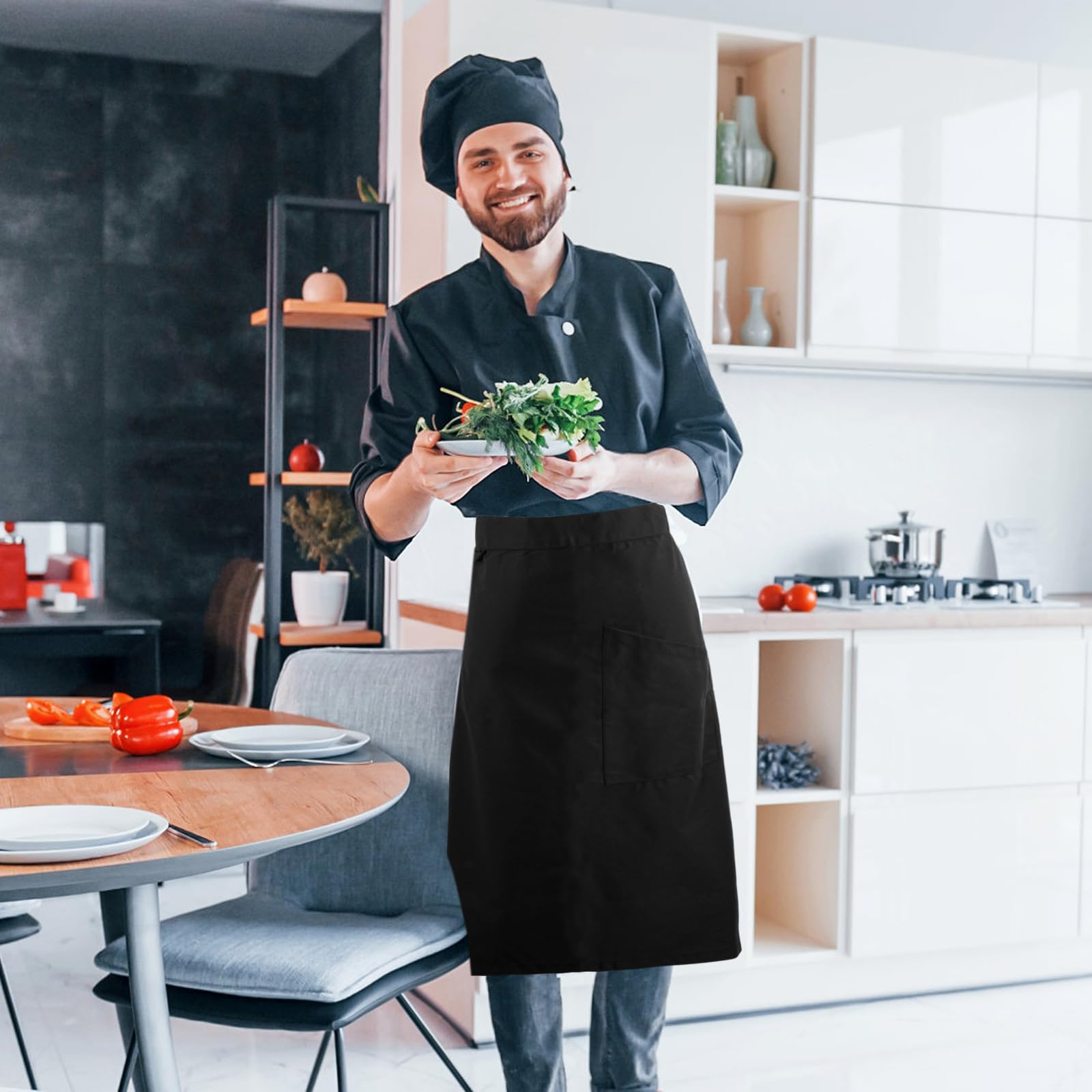 Medio Delantal con Bolsillos para Hombre y Mujer, Mandil Camarero, Medio Largo Cintura Larga para Chefs, Unisex Antimanchas para Restaurante y Bar, 70x70cm