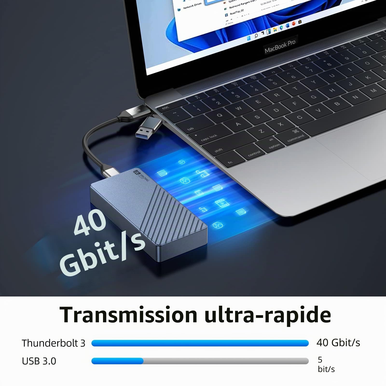 Boîtier M.2 NVMe Compatible avec Thunderbolt 3/4 USB 3.2/3.1/3.0/2.0 Type-C/A, SANZANG Adaptateur de boîtier SSD M.2 40 Gbps pour 2280 M-Key (B+M Key) NVMe SSD, jusqu'à 2700 Mo/s, Gris