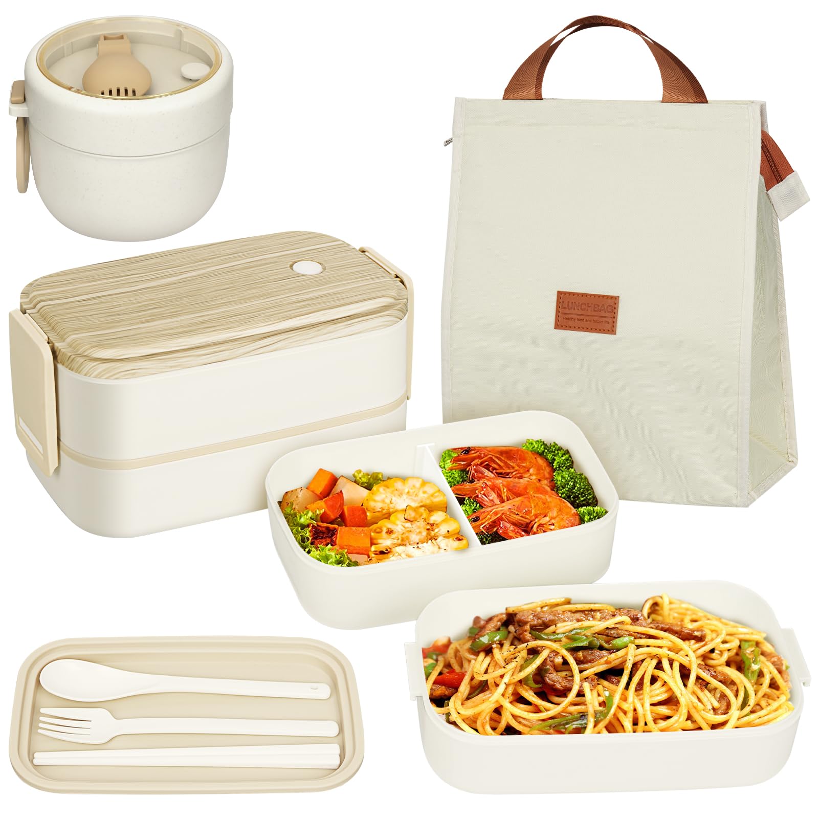 2 Tier Bento Lunch Box with Lunch Bag, Soup Contaniner, Cutlery, Bento Boxes with Adjustable Compartments, Lunch Boxes for Adults and Kids, Leakproof Container Lunchbox for Work and School