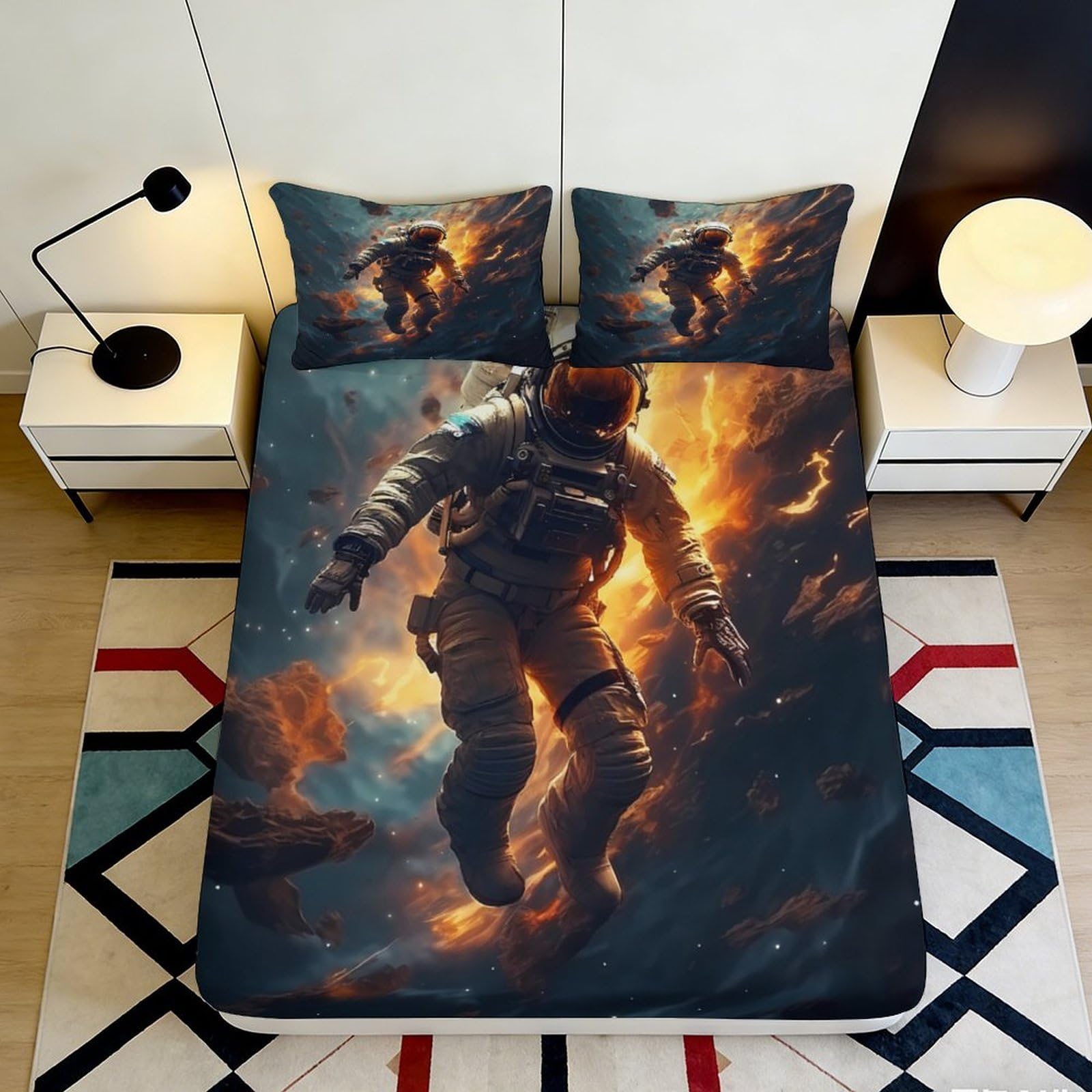 3D Printed Astronaut Space Fitted Sheet Microfiber Soft Breathable Cosmic Nebula Bed Cover for Bedroom Dormitory Guest Room Mattress Protection 180x200x25cm