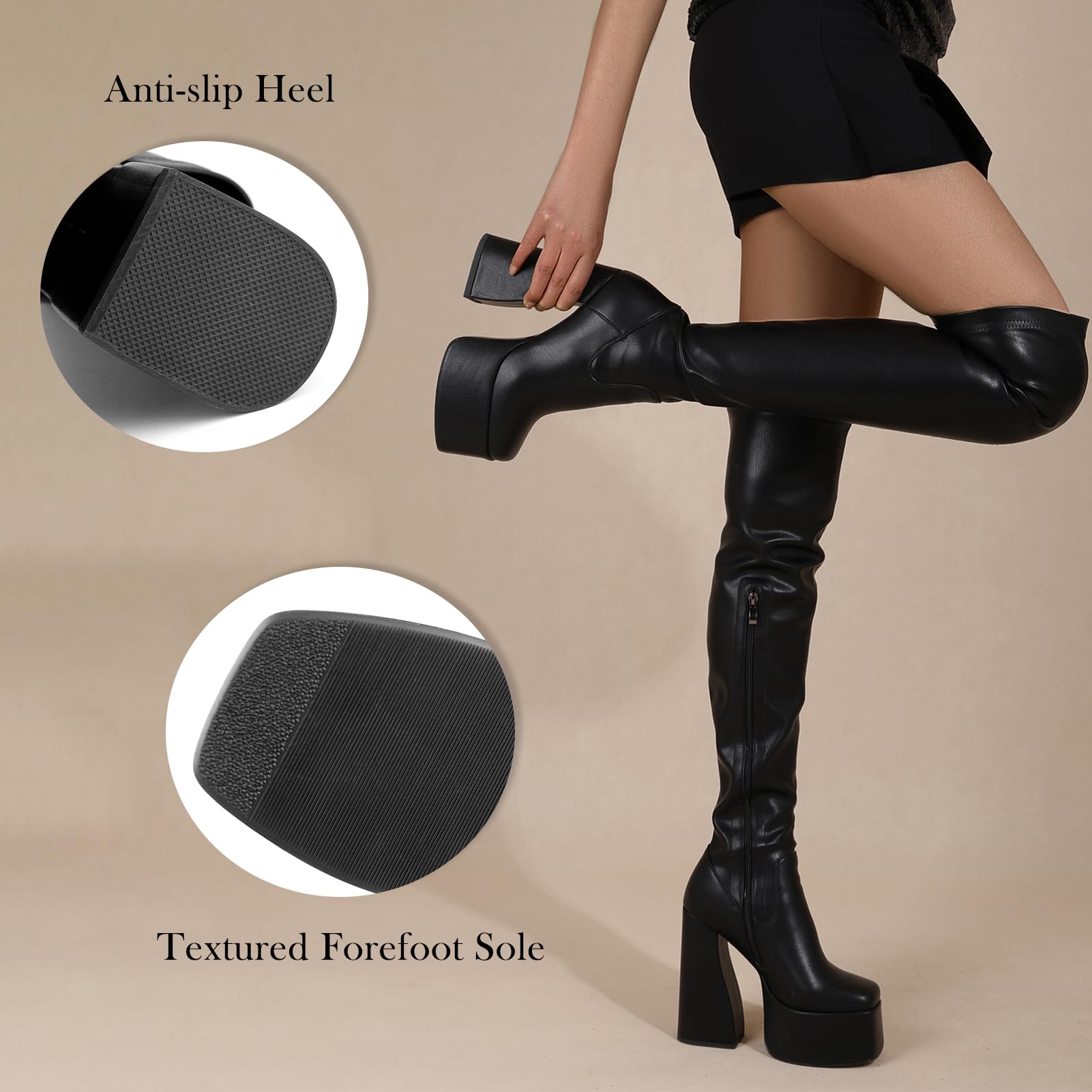 LanreyTaley Platform Thigh High Boots for Women Chunky Block Heels Over The Knee Boots Stretch Go-Go Boot Square Toe Party Boots with Zipper