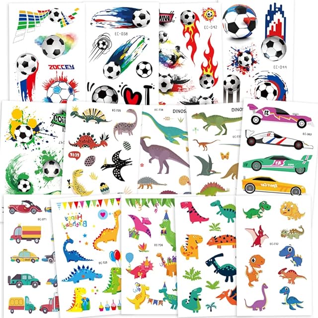 250PCS Temporary Tattoos for Kids, AGPTEK 14 Sheets 3 Series Fake Waterproof Non Toxic Dinosaur Football Cars Tattoos Sticker for Boys Children Theme Birthday Party Favors Supplies