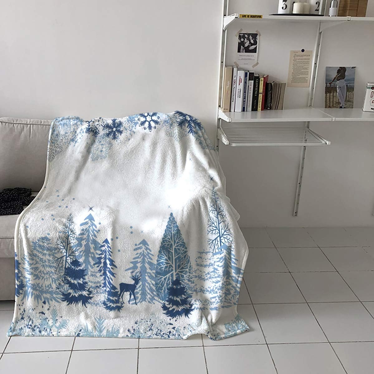 Fleece Throw Blanket Plush Fuzzy Lightweight Throws Christmas Blue Trees with Snowflake and White Snow Reversible Cozy Bedding Blanket for Couch,Sofa,Crib Stroller 49" x 59"