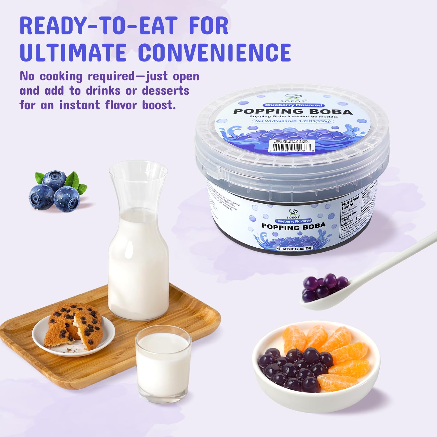 Soeos Blueberry Popping Boba Pearls, 550g (1.2lbs), Bursting Juice Balls for Bubble Tea, Frozen Yogurt, Desserts & Drinks – Ready-to-Eat