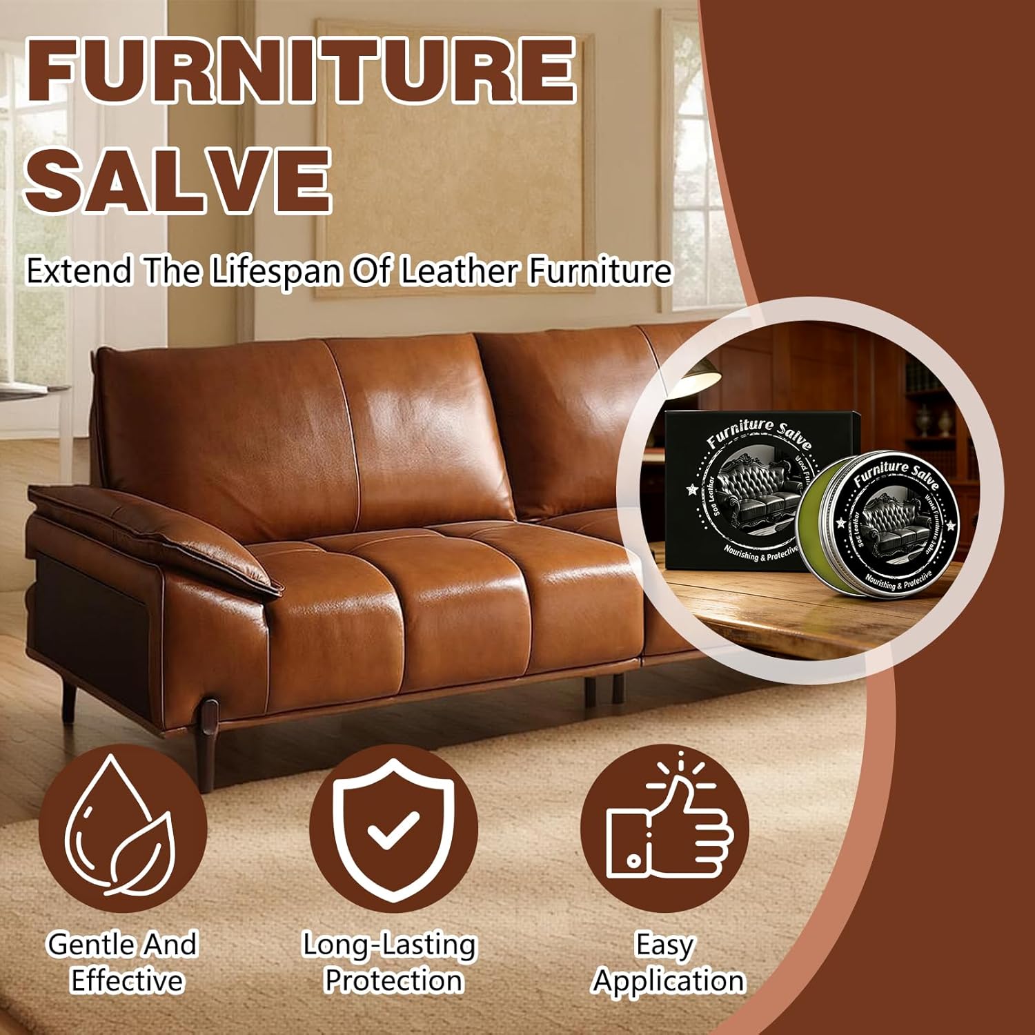 Furniture Salve & Brush, Polisher and Conditioner for Leather Couch Furniture, Leather and Wood Furniture Salve with Brush or Home, Sofa, Car Seats - Image 2