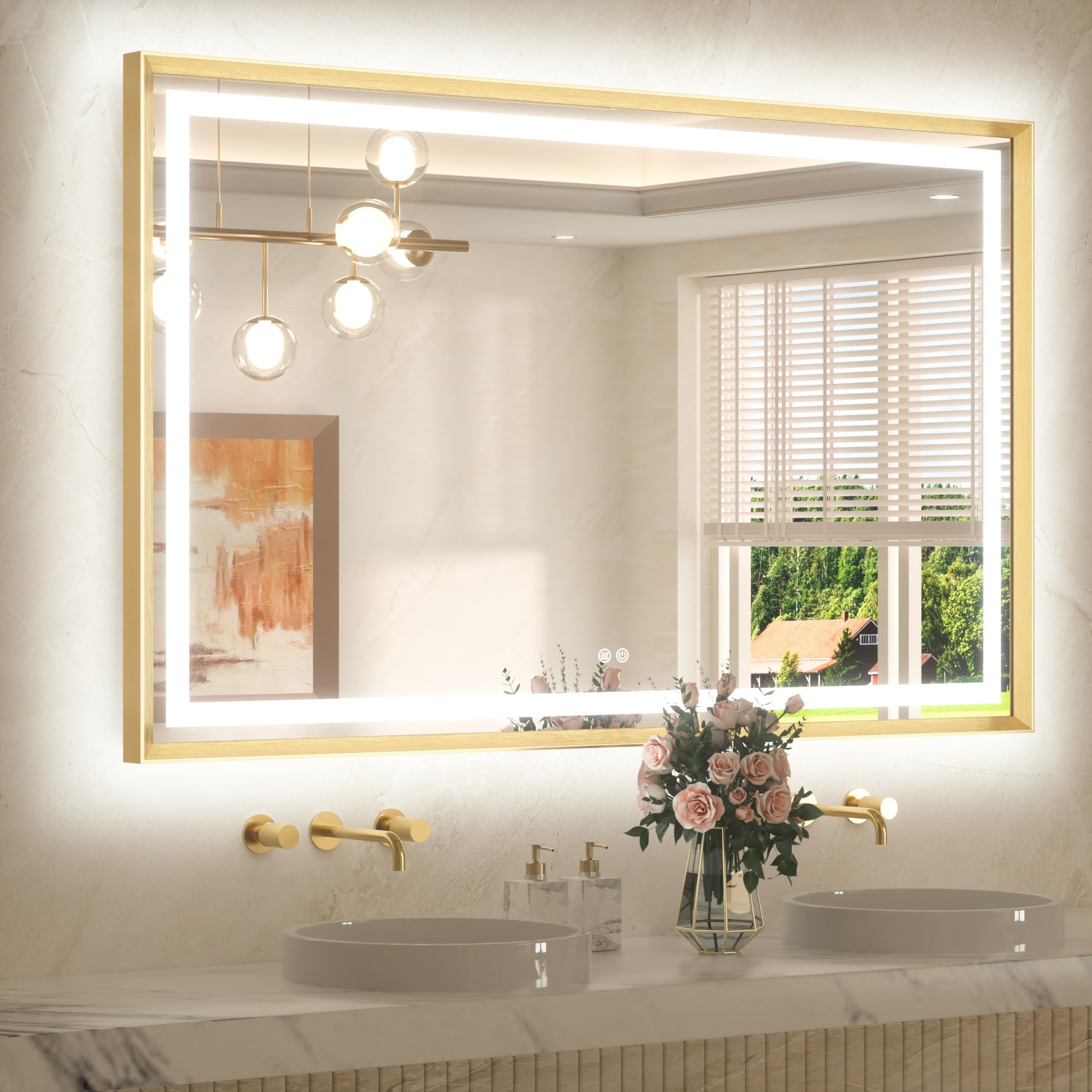 TETOTE 55 x 36 Bathroom LED Mirror Brushed Gold Metal Frame Frontlit &amp; Backlit Vanity Mirror Stepless Dimmable Anti-Fog 3 Colors White/Warm/Natural Light up Vanity Mirror Wall-Mounted