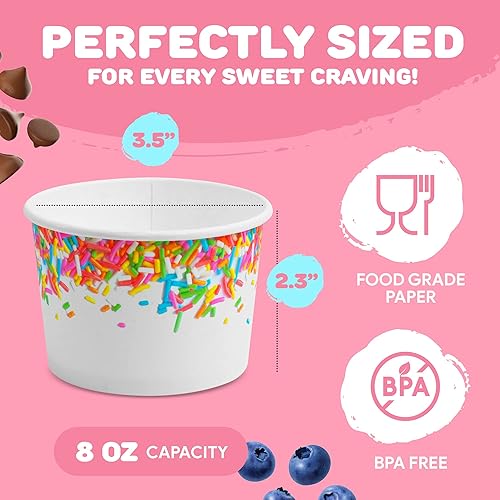Miniatura 5 de Vasos de helado de papel premium, paquete de 50 tazas desechables de postre de 8 onzas para bebidas calientes y frías, diseño de espolvoreo de 8