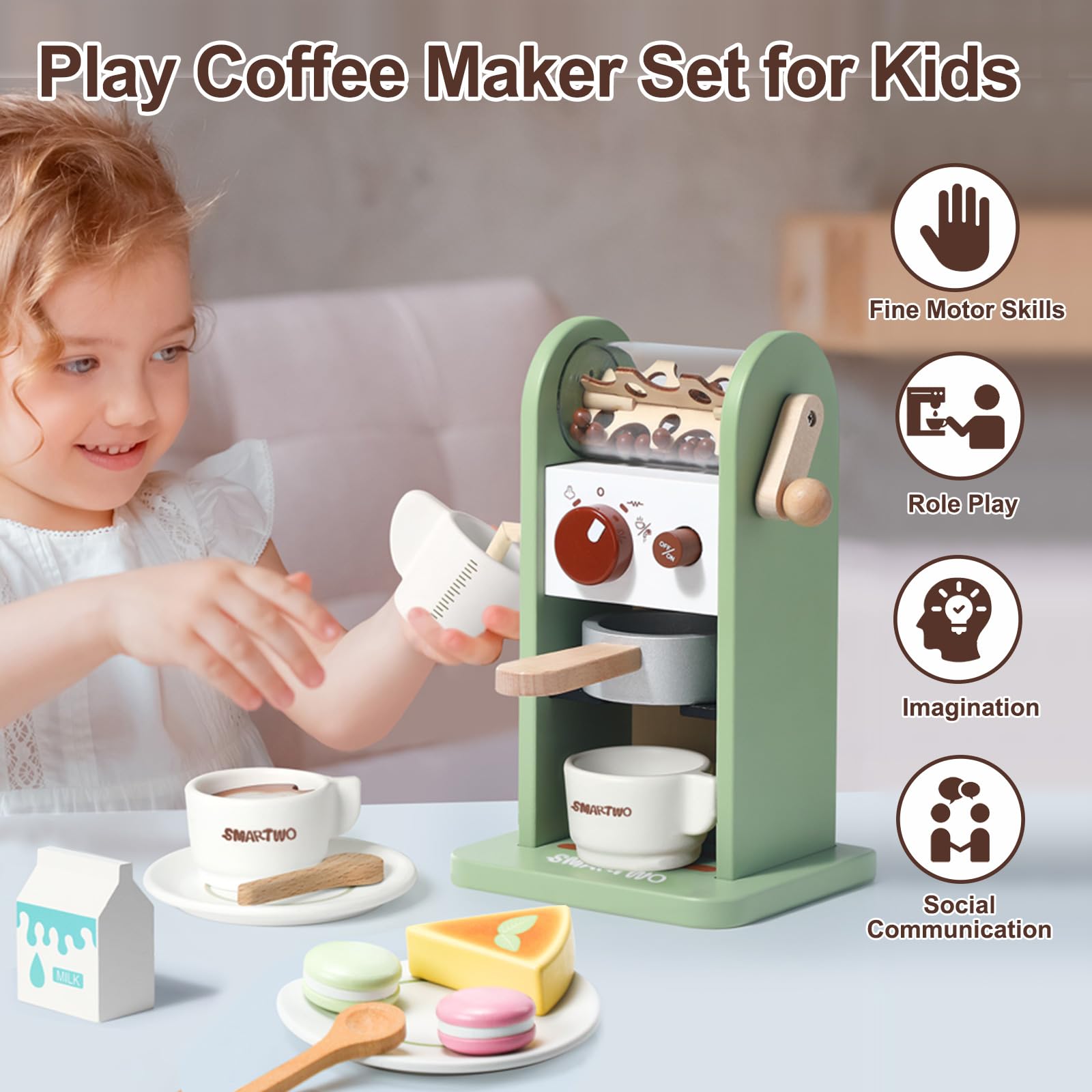 Drewniany ekspres do kawy dla dzieci, kuchnia dla dzieci, ekspres do kawy z młynkiem, akcesoria kuchenne do zabawy, ekspres do espresso, zestaw zabawek drewnianych, akcesoria kuchenne