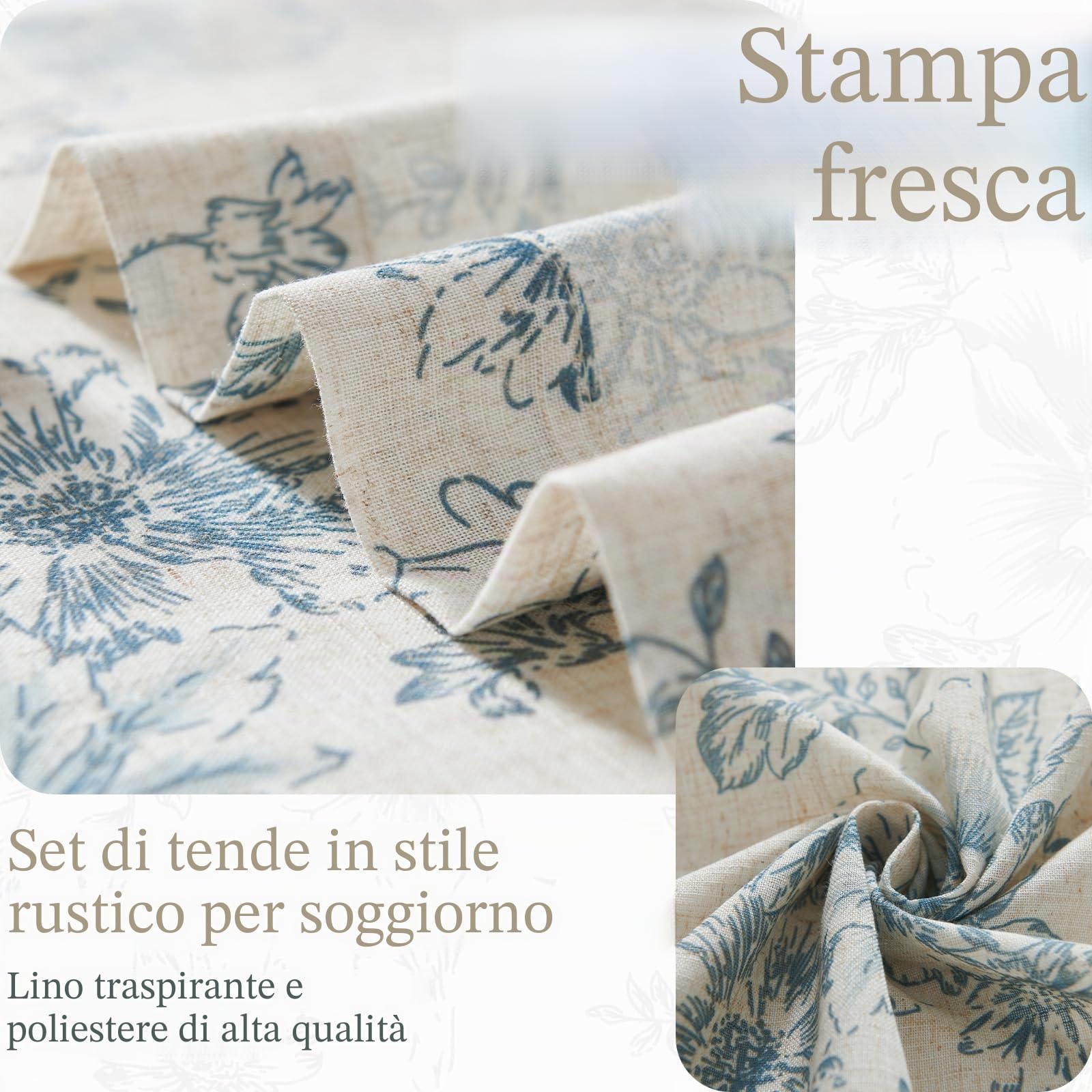 TOPICK Tende floreali in lino con passanti nascosti, traslucide, per soggiorno, camera da letto, set da 2 pezzi, 140 x 210 cm (larghezza x altezza), blu su beige