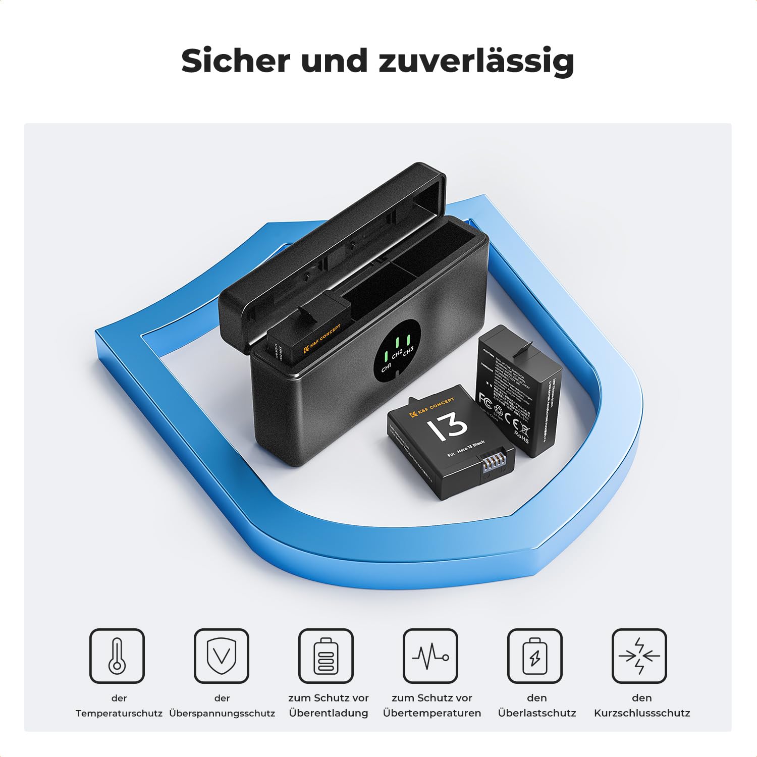 K&F CONCEPT Hero 13 Kamera Akku 2100mAh, Dreifach-Power, Dreifach-Slot mit Organizer Typ LED-Ladegerät-Kit kompatibel mit GoPro13 Black