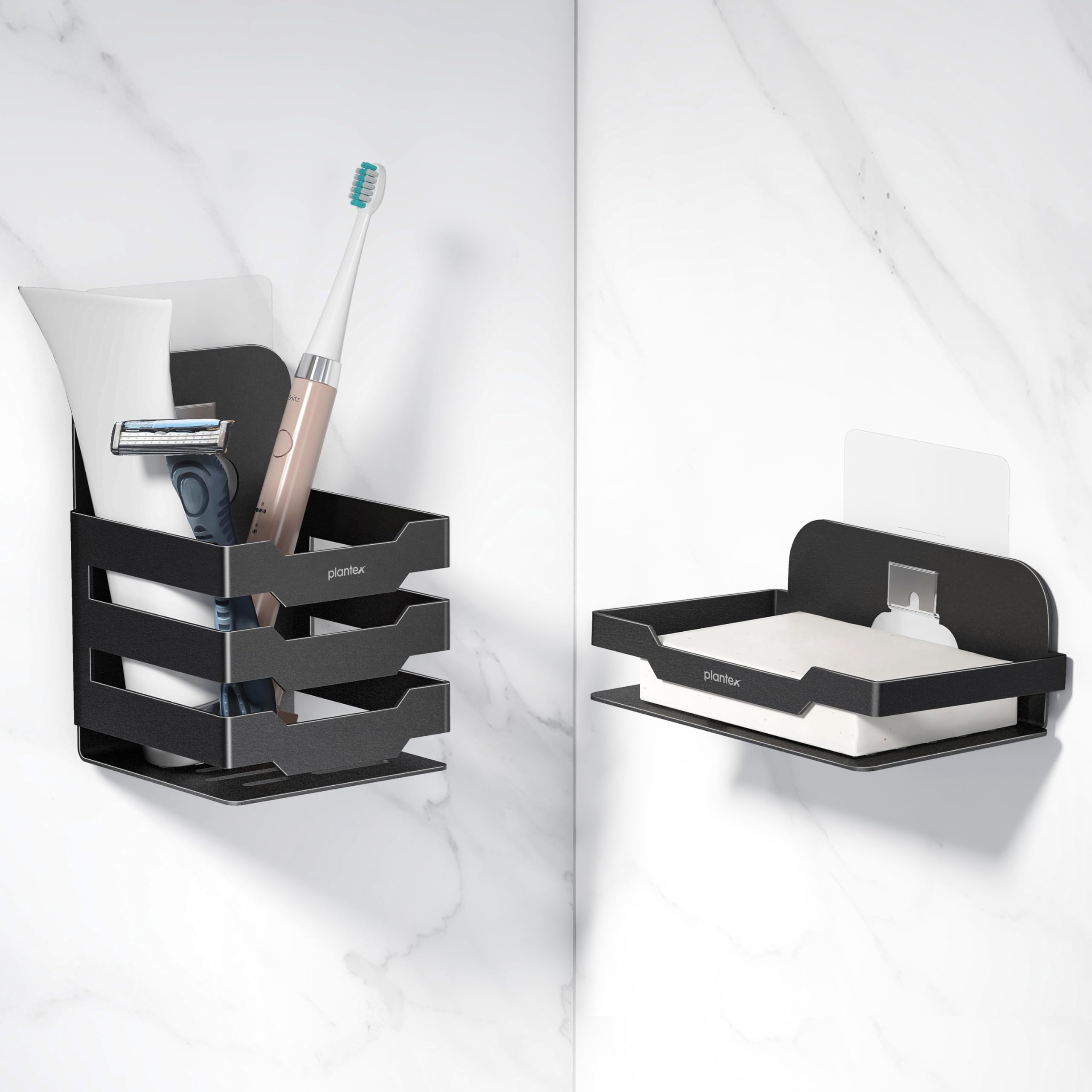 Plantex Self Adhesive Soap Dish with Tumbler Holder/Stainless Steel Soap Holder/Tooth Brush Stand for Bathroom Accessories (Black, Combo)-image-49