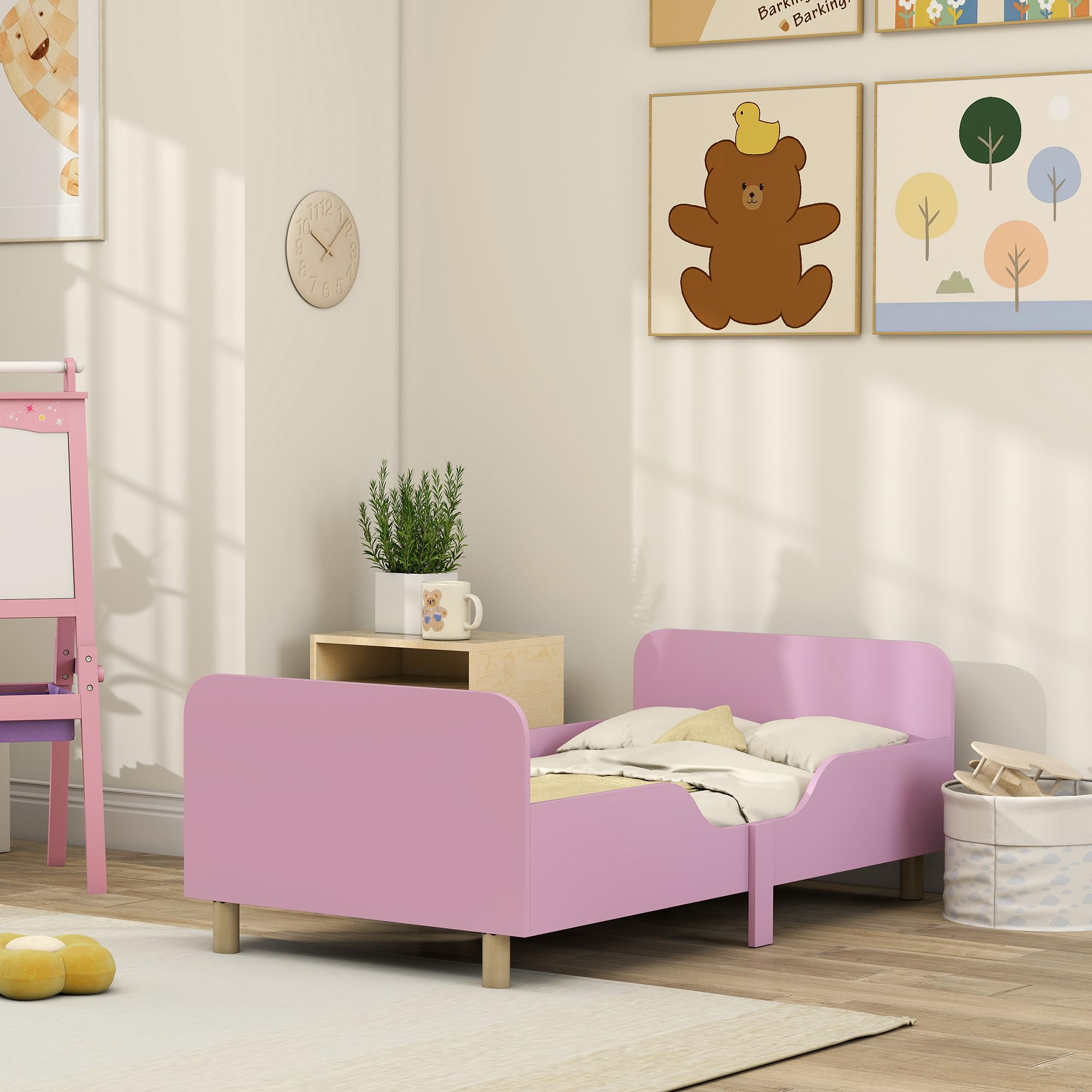 AIYAPLAY Kinderbett mit Rausfallschutz, Lattenrost, 140 x 70 cm Jugendbett mit Kopf- und Fußteil, Einzelbett aus Holz, Holzbett für Mädchen und Jungen, Rosa | mit Rausfallschutz