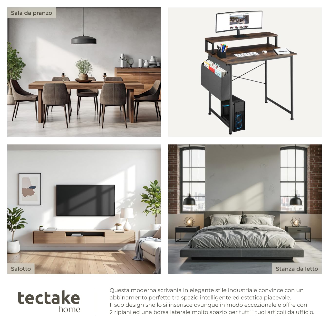 tectake® Scrivania 80x55x90cm con Ripiano rialzato per Monitor, Scrivania Gaming per Casa e Ufficio, Ideale Computer Portatile o Computer Fisso, Piedini Regolabili, Stile Industriale - Legno Scuro