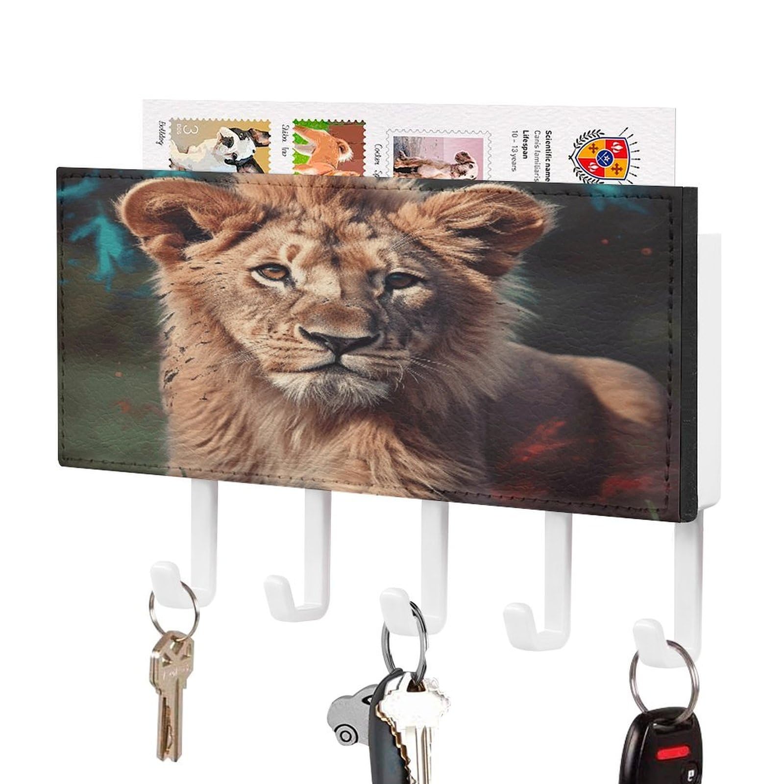Vstadank White-Style Art Lion Key Holder For Wall Mount With 5 Hooks Decorative Key And Mail Holder Farmhouse Wall Hooks With Shelf Pu Leather Key Rack With Mail Holders For Entryway Home