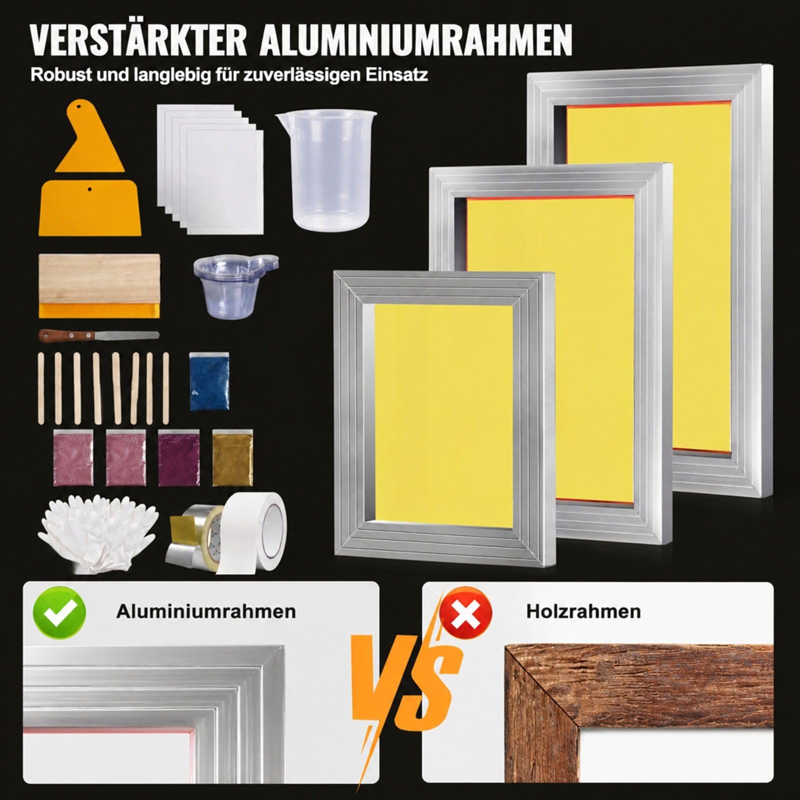 Siebdruck-Set mit 3 Aluminium-Siebdruckrahmen, 110 Mesh, Rakeln und transparenten Folien für T-Shirts