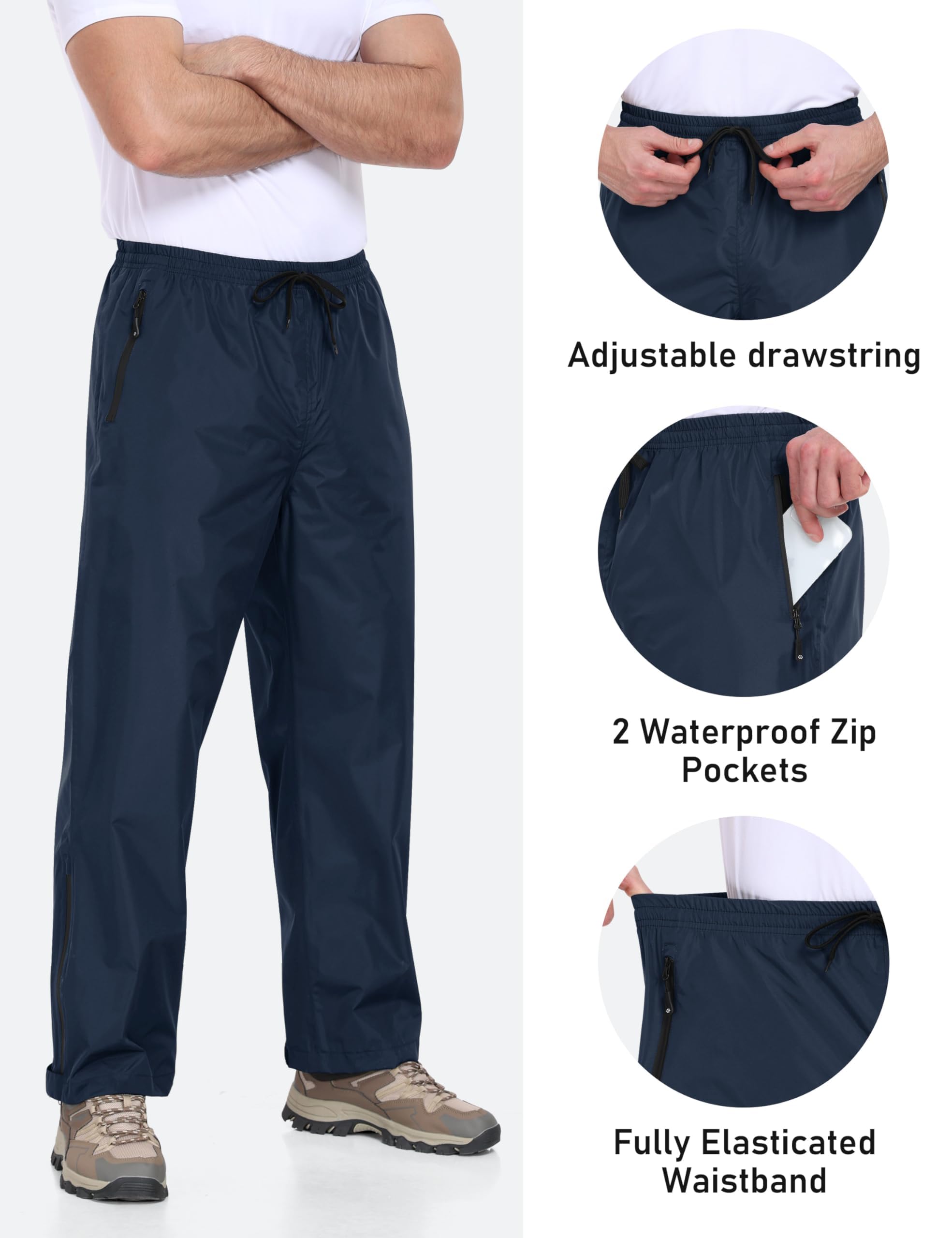 MoFiz Pantalon de Pluie Homme Léger Imperméable Respirant Coupe-Vent Pantalon de Randonnée Moto Pliable avec Poches Zippées