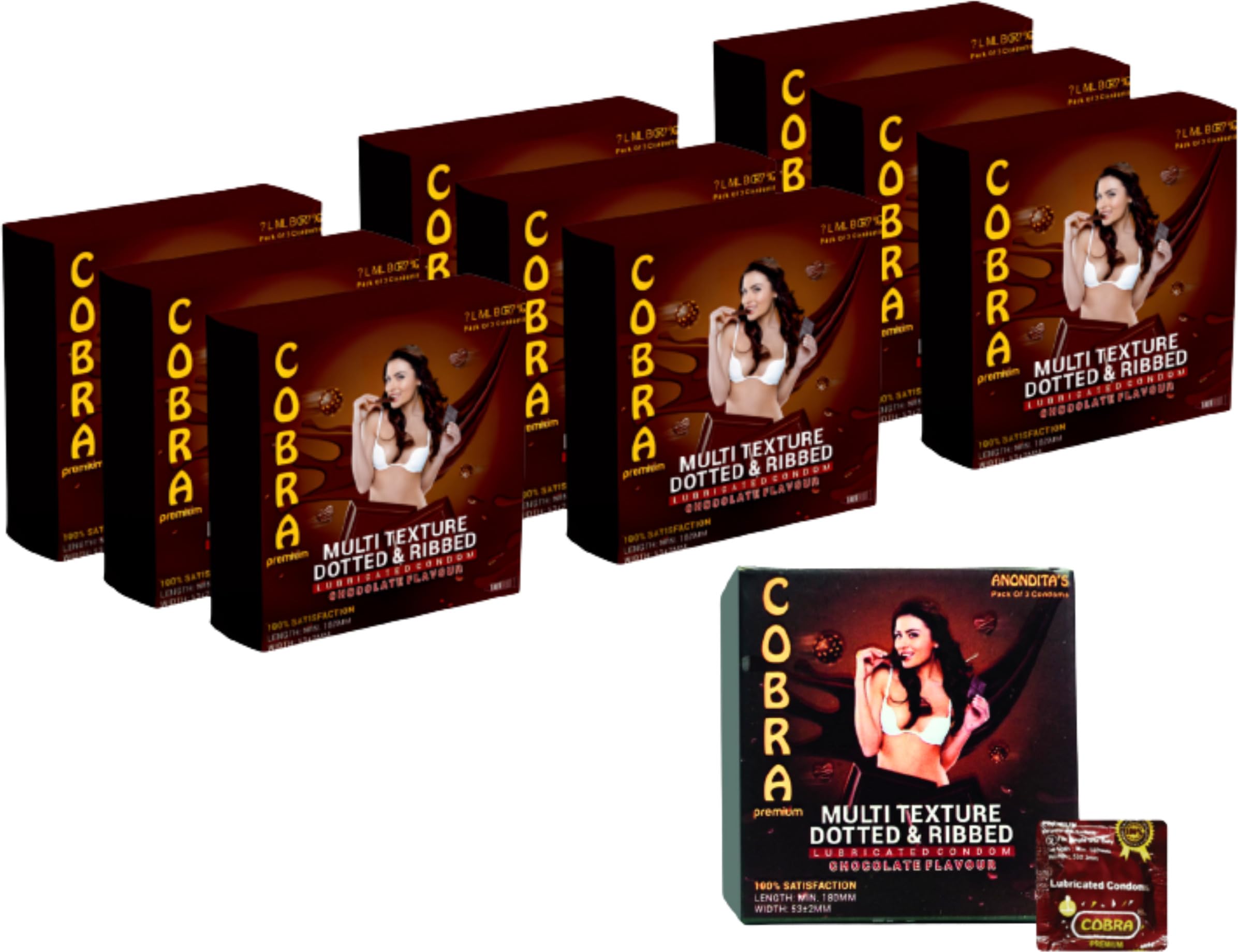 Cobra Premium - Multi Texture Dotted & Ribbed (Lubricated Condom) Chocolate Flavour (3Pcs in Each Wallet, Pack of 10)