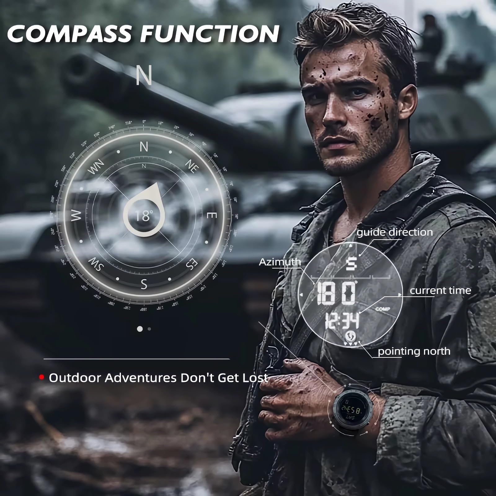 Taktyczne zegarki sportowe dla mężczyzn outdoorowe survival wojskowy kompas rock solidne cyfrowe zegarki z trwałym paskiem, krokomierz