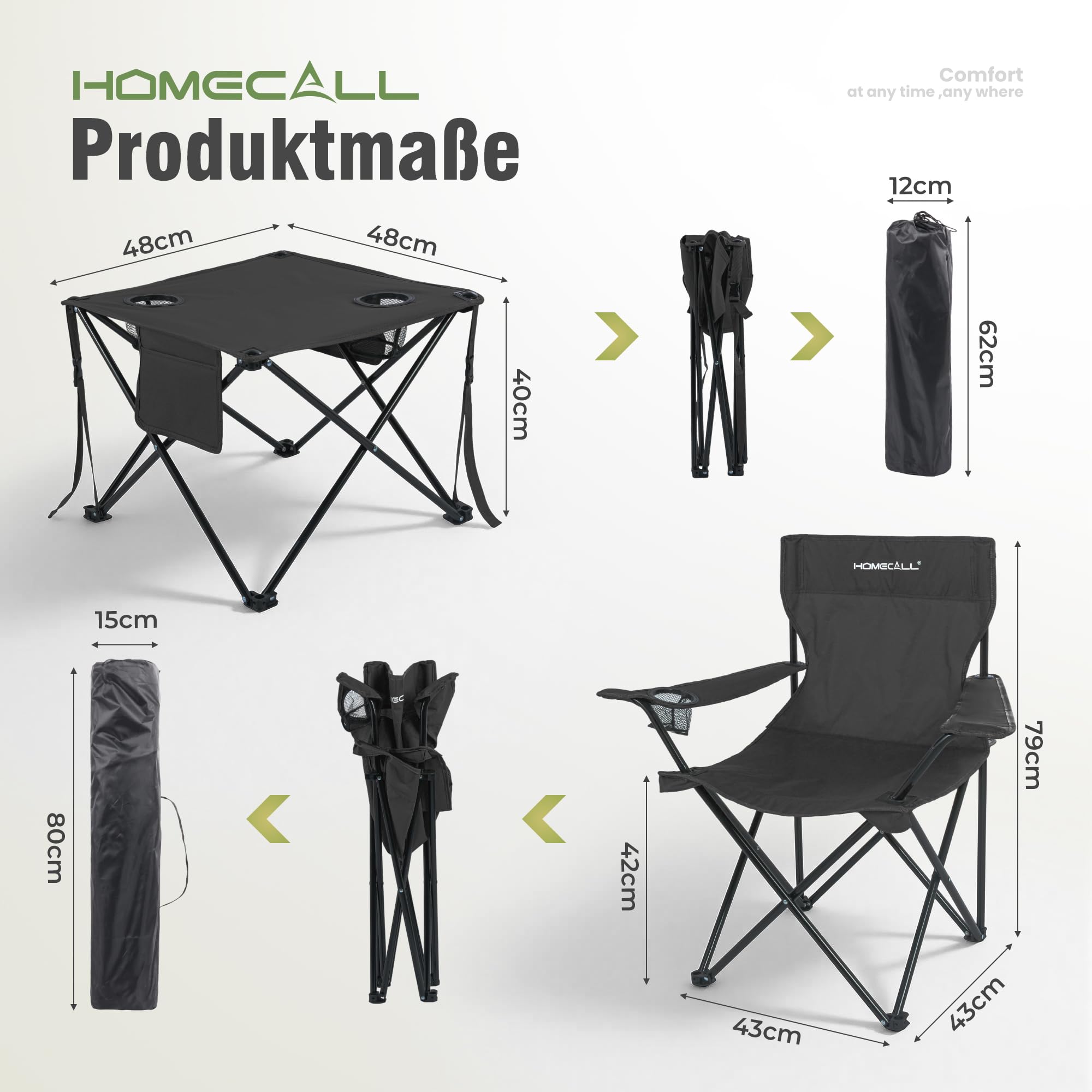 Homecall Camping Tisch Stuhl Set, faltbares Campingtisch mit Stühlen, leichtgewichtiges 2er Campingstuhl-Set mit Tragetasche, Campingstuhl mit Tisch für Picknick, Garten, Terrasse, Reise (Schwarz)