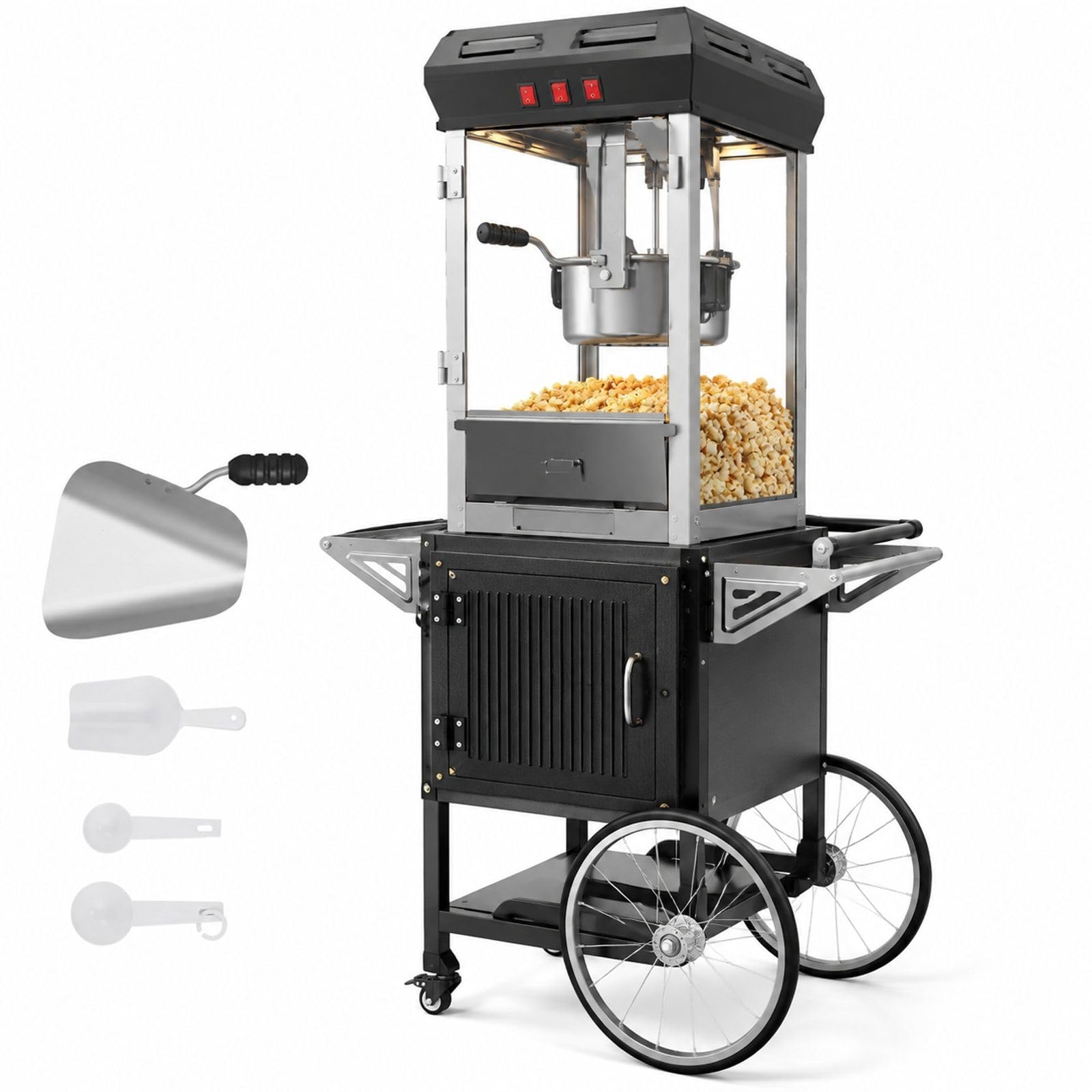 Maszyna do popcornu z wózkiem, 850 W, kociołek 8 oz na 48 filiżanek załadunku, hartowane szkło, czarna, 4 gałki, zastosowanie kinowe, restauracyjne, imprezowe