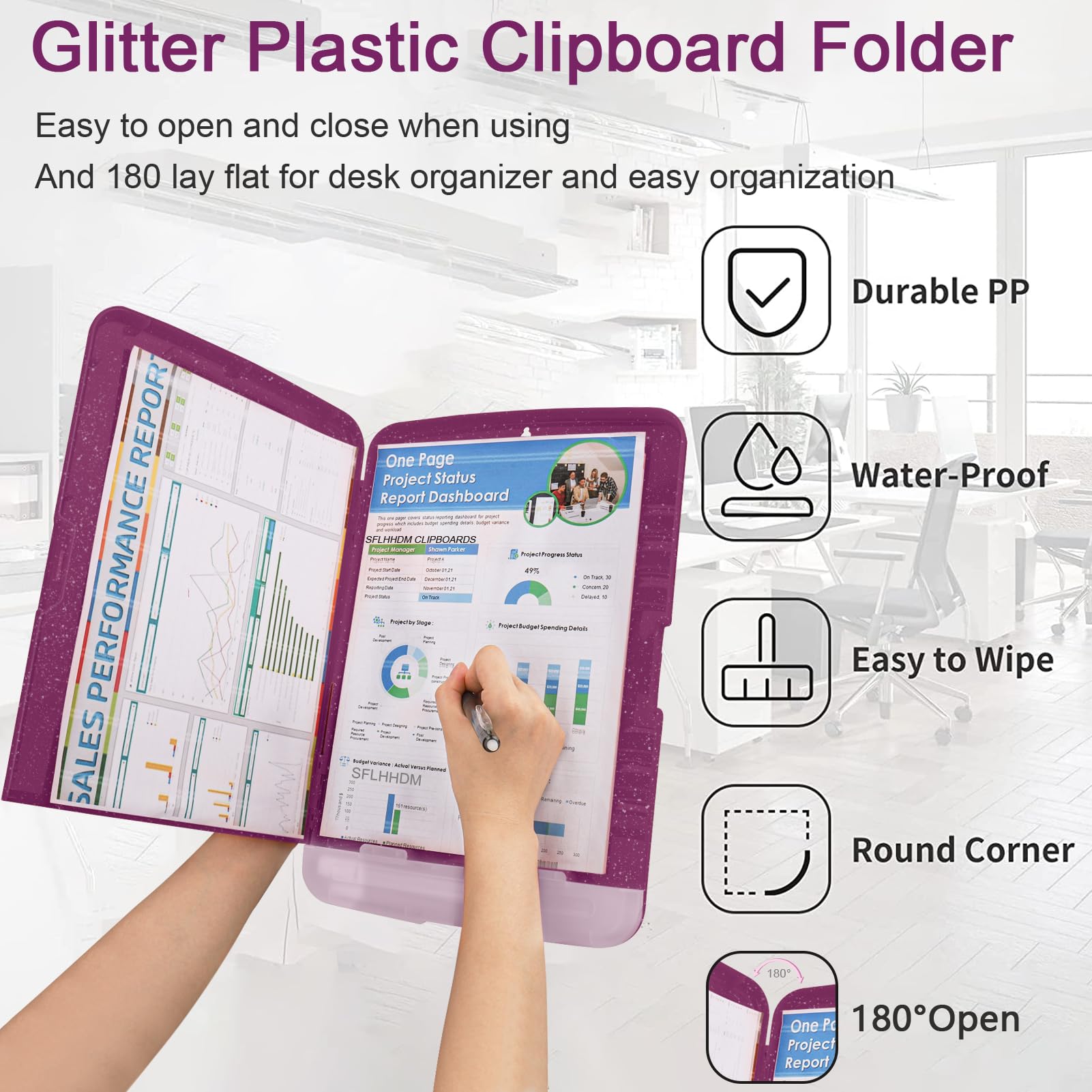 Glitter Clipboard With Storage,Storage Clipboard With Pen Holder,A4 Binder Clip Boards 8.5x11 With Low Profile Clip,Side Opening Sparkle Clipboards,Clipboards Folder For Office Supplies-Purple Alfalfa