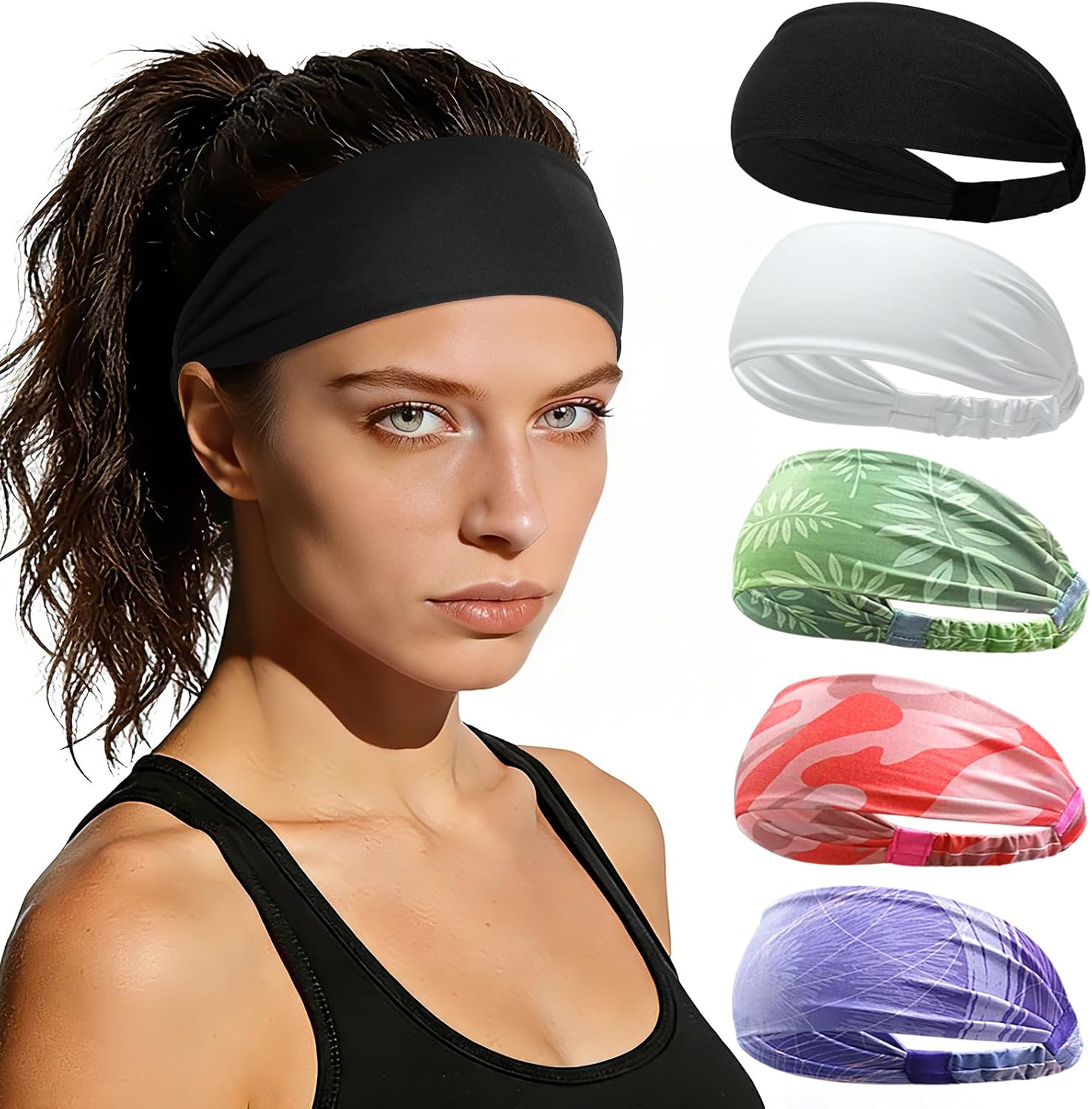 ROCKTAKIN 5 Pack Running Headbands, Moisture Wicking Non-Slip Wide Elastic Sweatbands, Athletic Workout Sports Headbands for Men & Women, Running Cycling Basketball