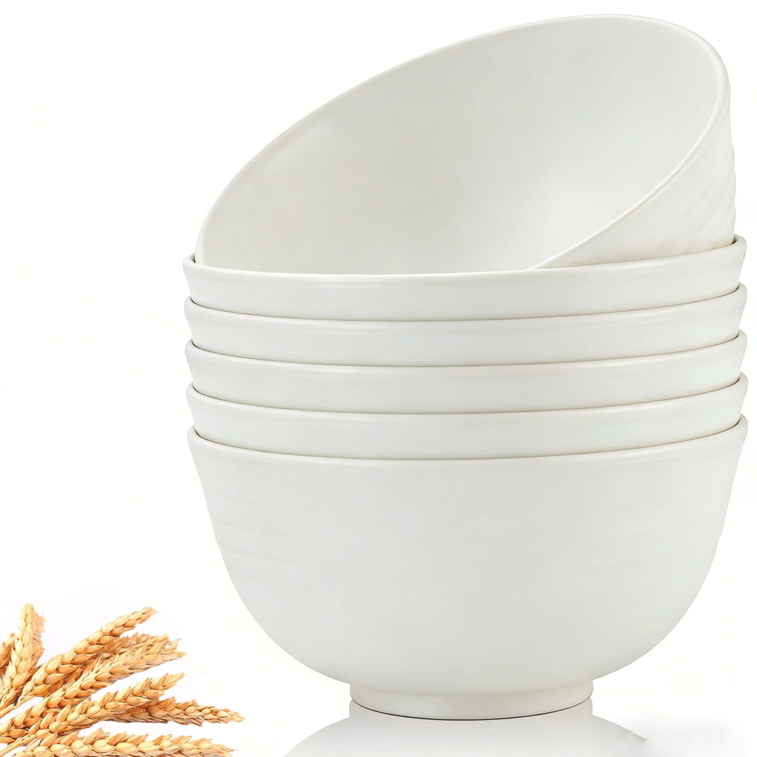 6-Pack Wheat Straw Bowls, Unbreakable & Lightweight Melamine Bowls, Microwave and Dishwasher Safe Eco-Friendly Dinner for Salad, Snack, Soup, Camping, Ideal for Kids and Family(5.9IN White)