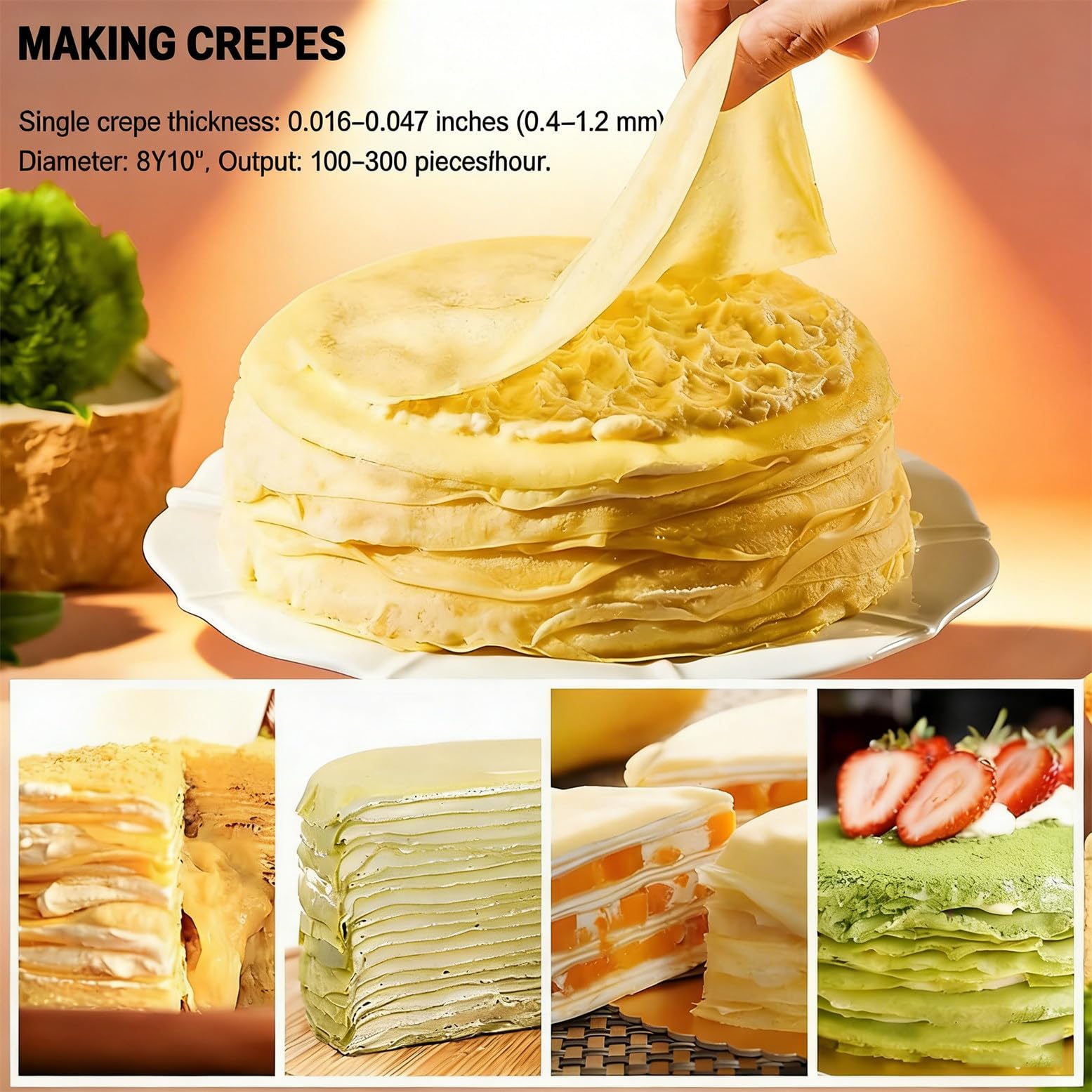 Máquina para Hacer Crepes Profesional automática de 2200 W con Temperatura y Velocidad Ajustables para Preparar Crepes de mil Capas (15 cm/20 cm) 6in