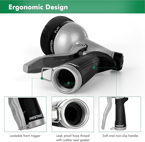 Miniatura 5 de RESTMO Boquilla de manguera de jardín, boquilla de agua de metal resistente con 7 patrones de pulverización ajustables, rociador de mano de alta