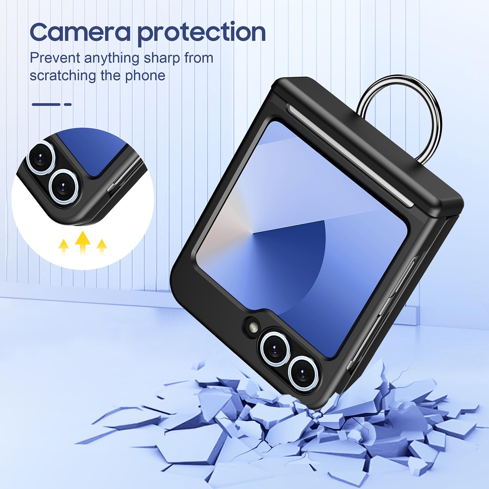 Etui portfelowe do Samsung Galaxy Z Flip 6, ochrona zawiasów, etui na karty, odporne na wstrząsy, obudowa PC z pierścieniem na palec, czarne, Flip 6
