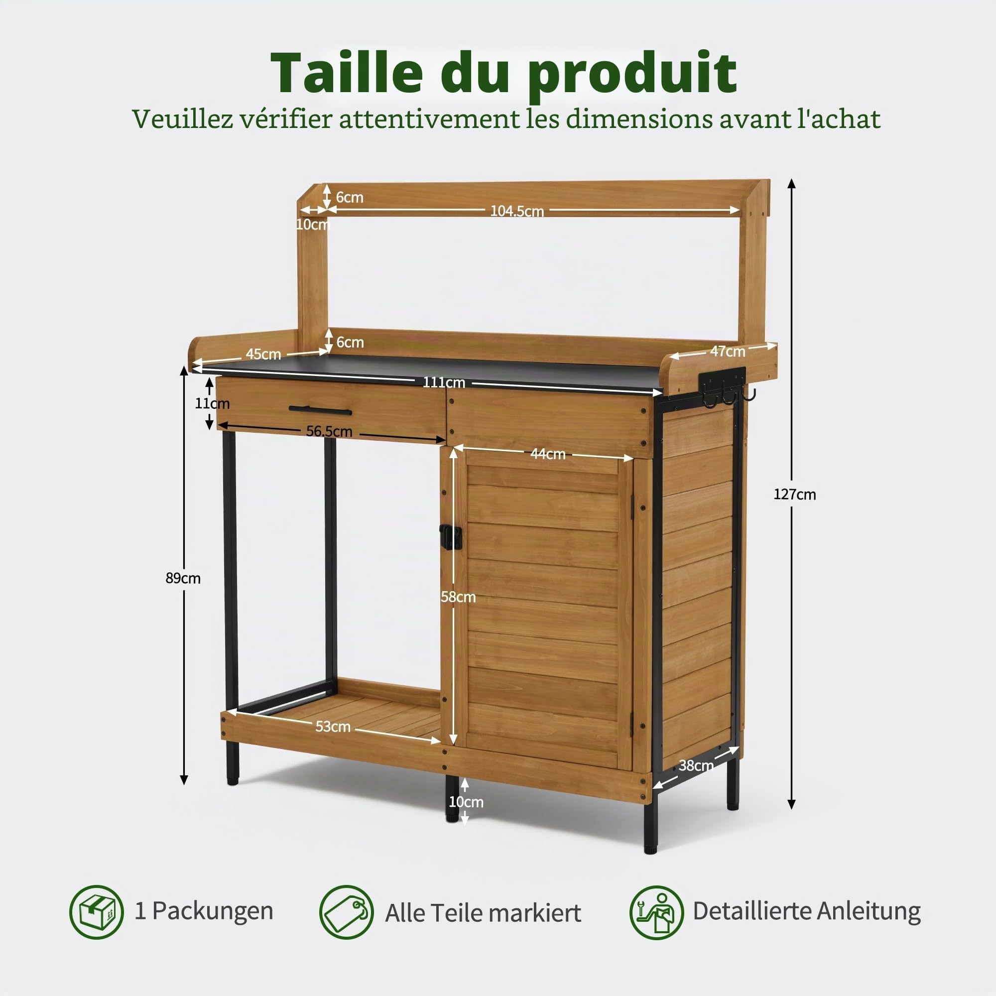M MCombo Table de Jardin avec Plateau de Travail galvanisé et Rangement Bas. Table de rempotage en Sapin résistant aux intempéries, 3 Crochets. pour Jardin, Balcon et terrasse, Naturelle, 2049
