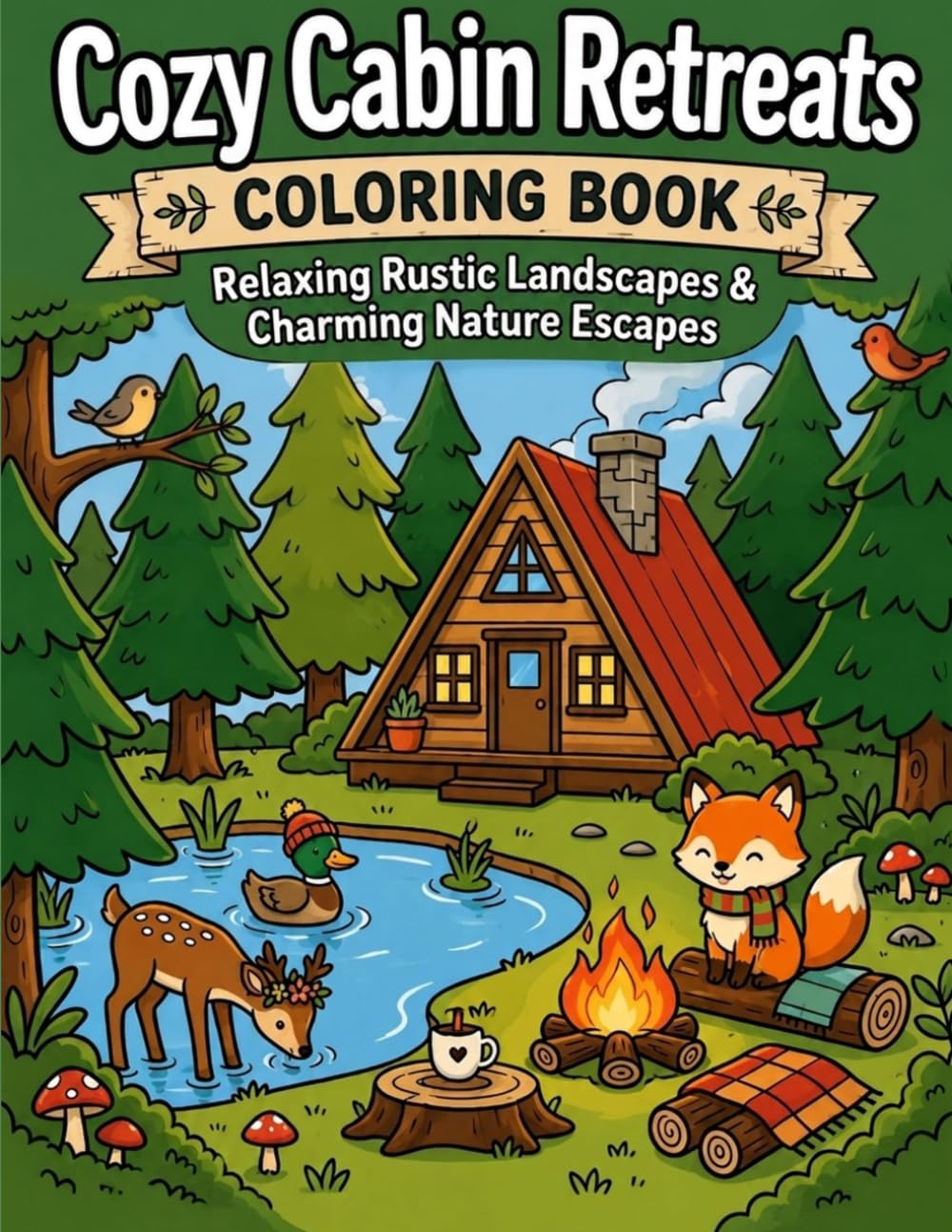 Cozy Cabin Retreats Coloring Book: Relaxing Rustic Landscapes & Charming Nature Escapes
