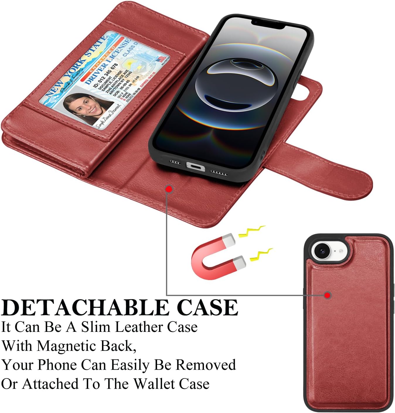 Takfox Wallet Case for iPhone 16E, for iPhone 16E 6.1" Case, PU Leather Credit Card Holder [9 Card Slots] Folio Flip Detachable Magnetic Cover Kickstand & Lanyard for iPhone 16 E /SE4 2025, Wine Red - Image 4