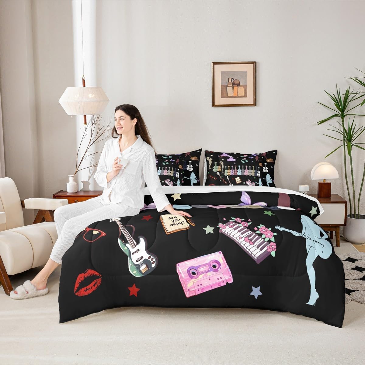 Erosebridal Music Theme Full Size Comforter Set Guitar Bedding Set Black(Comforter+Fitted+Flat Sheet+2 Pillowcases+2 Throw Pillow Covers) 7 Pieces Modern Fashion Bed Set Gift for Music Lovers